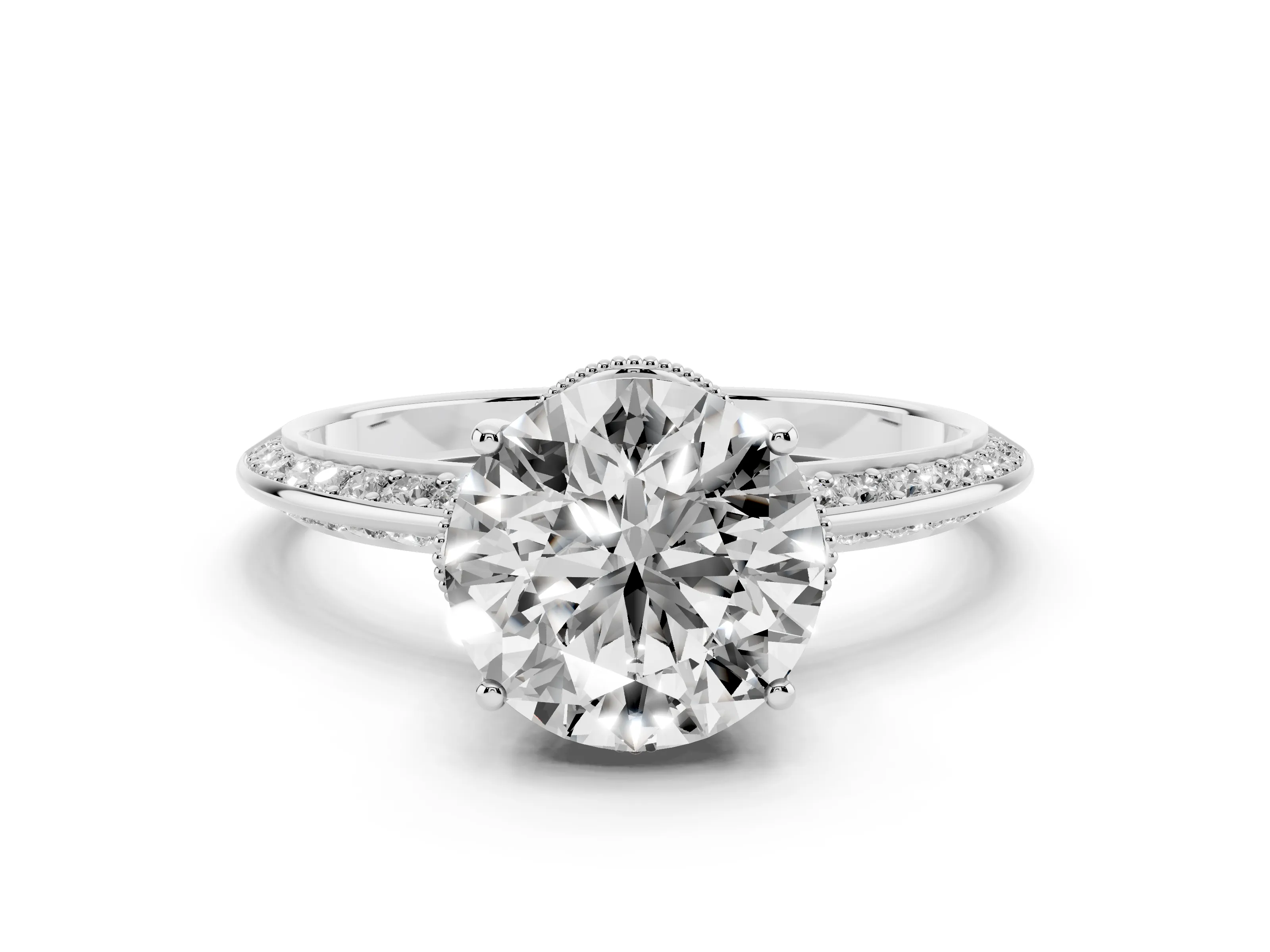 Round Cut Diamond Solitaire Engagement Ring Set in Platinum with Pavé Split Shank and Prong Setting