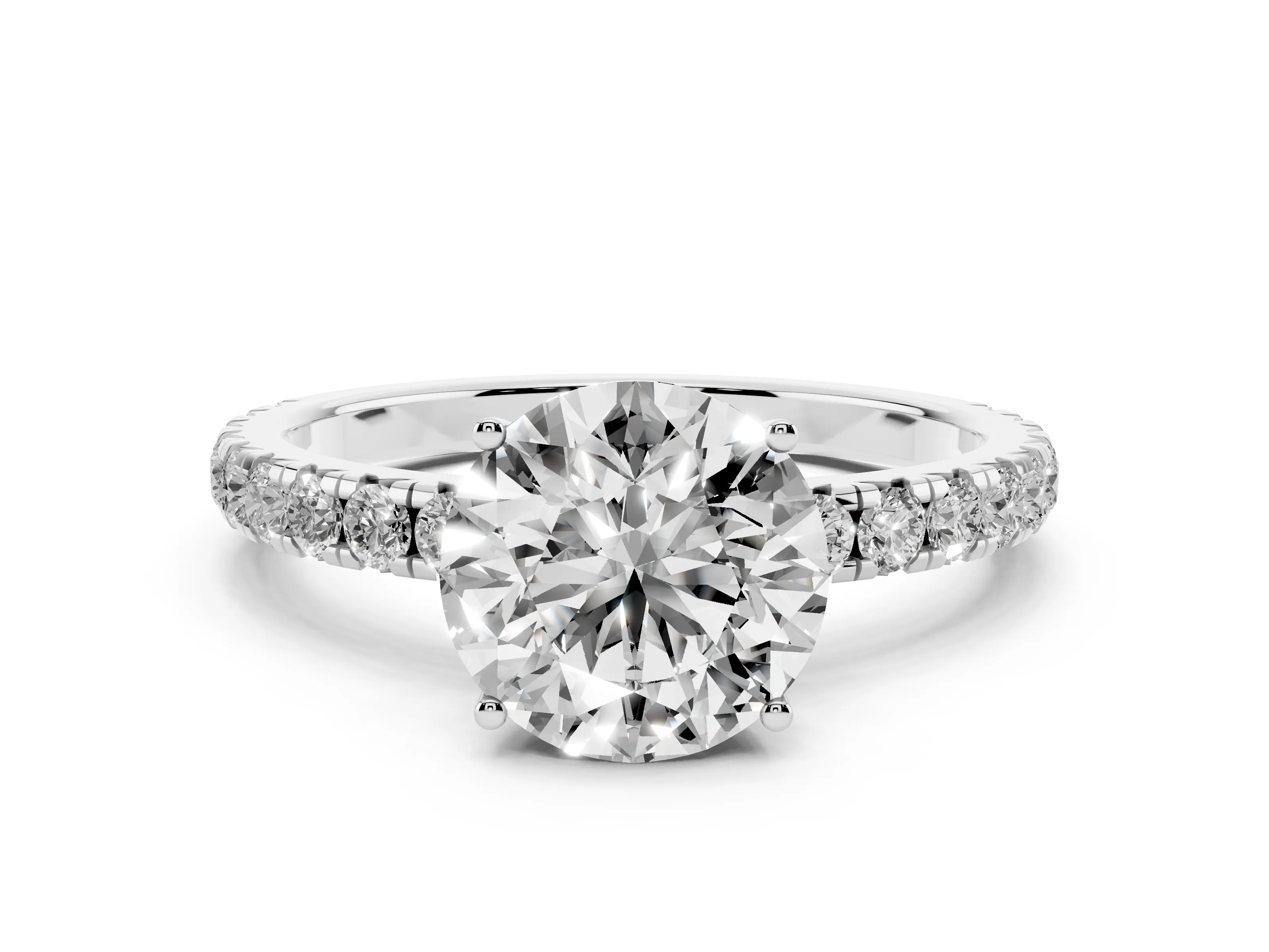 Round Cut Diamond Pavé Solitaire Engagement Ring Set in White gold with Prong Setting