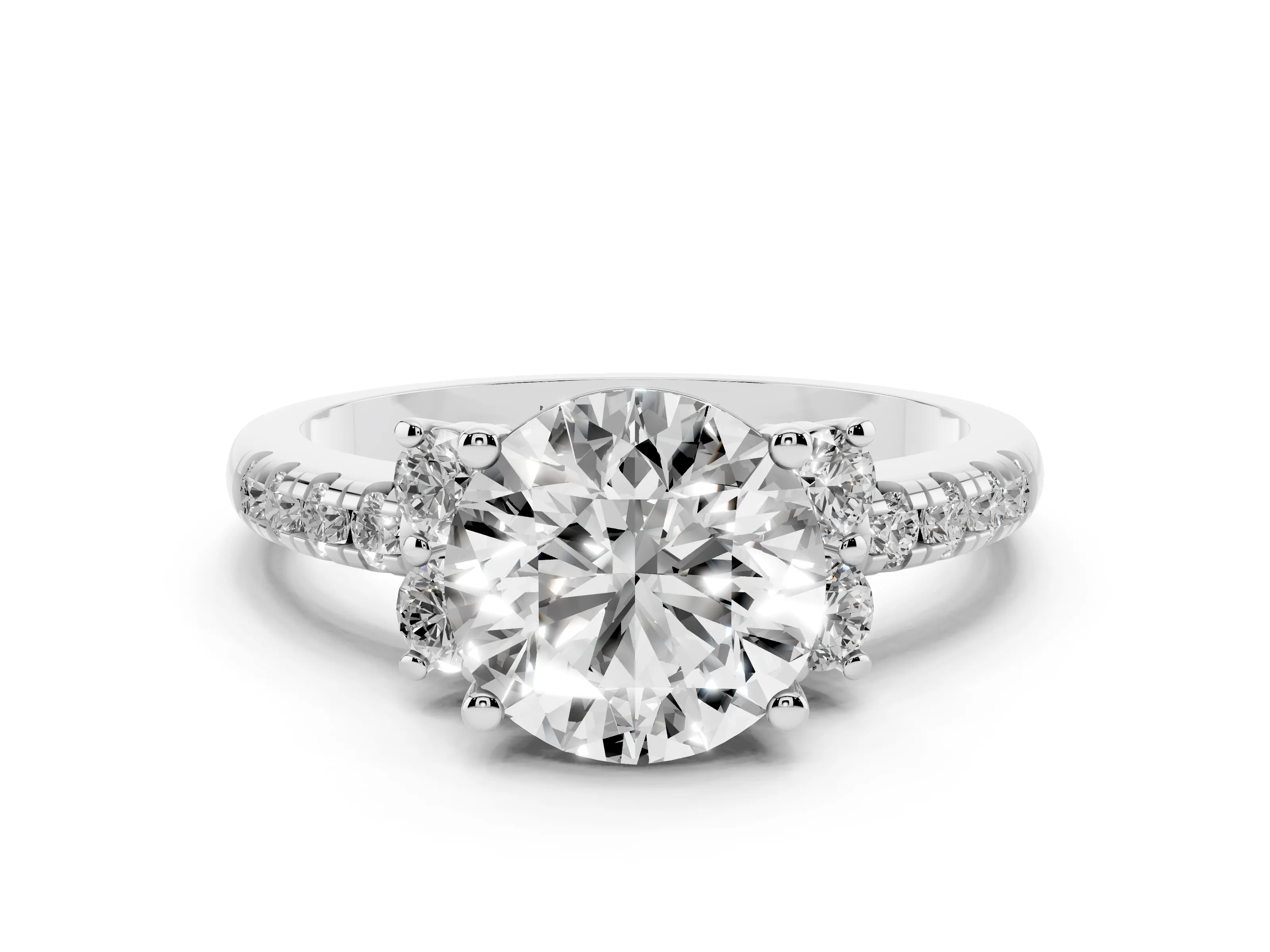 Round Cut Diamond Three-Stone Pavé Ring Set in Platinum with Prong Setting