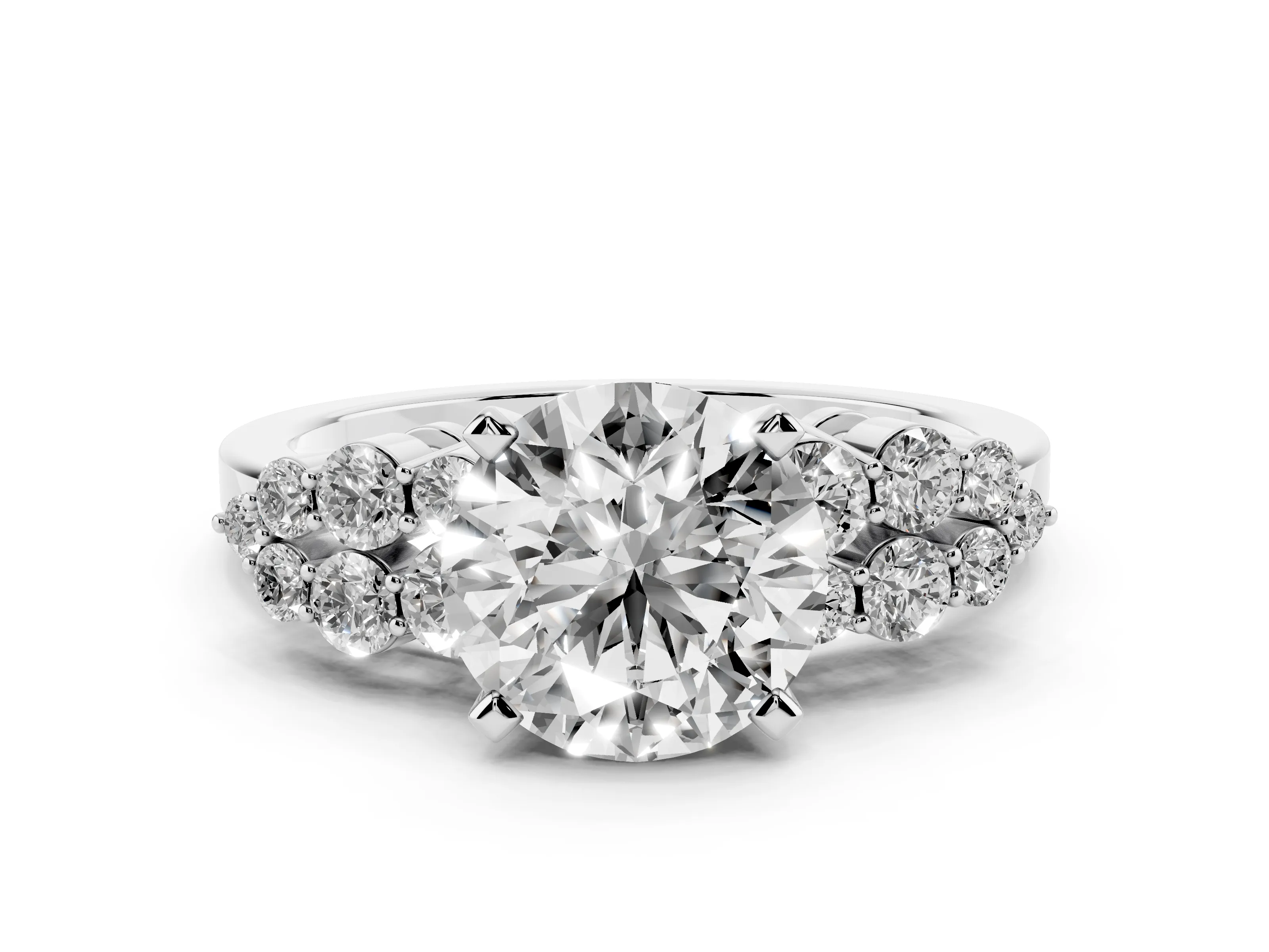 Round Cut Diamond Cluster Engagement Ring Set in White gold with Pavé Band and Prong Setting