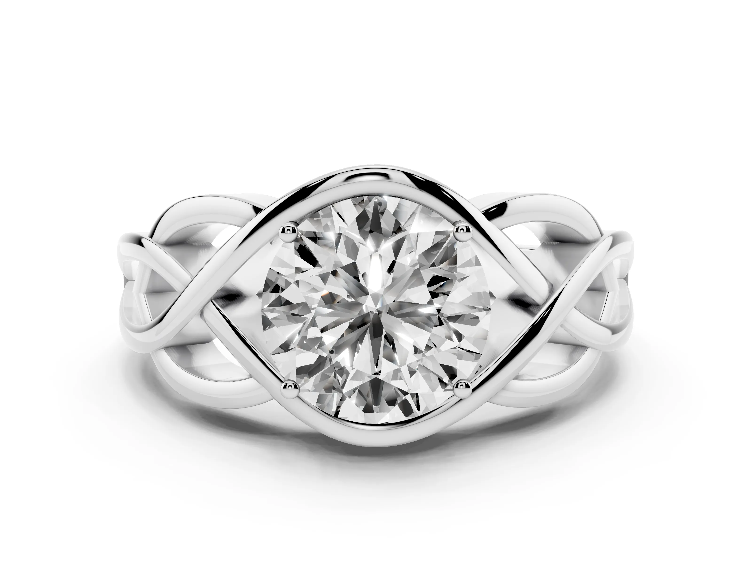 Round Cut Diamond Solitaire Ring Set in Silver with Intertwined Band