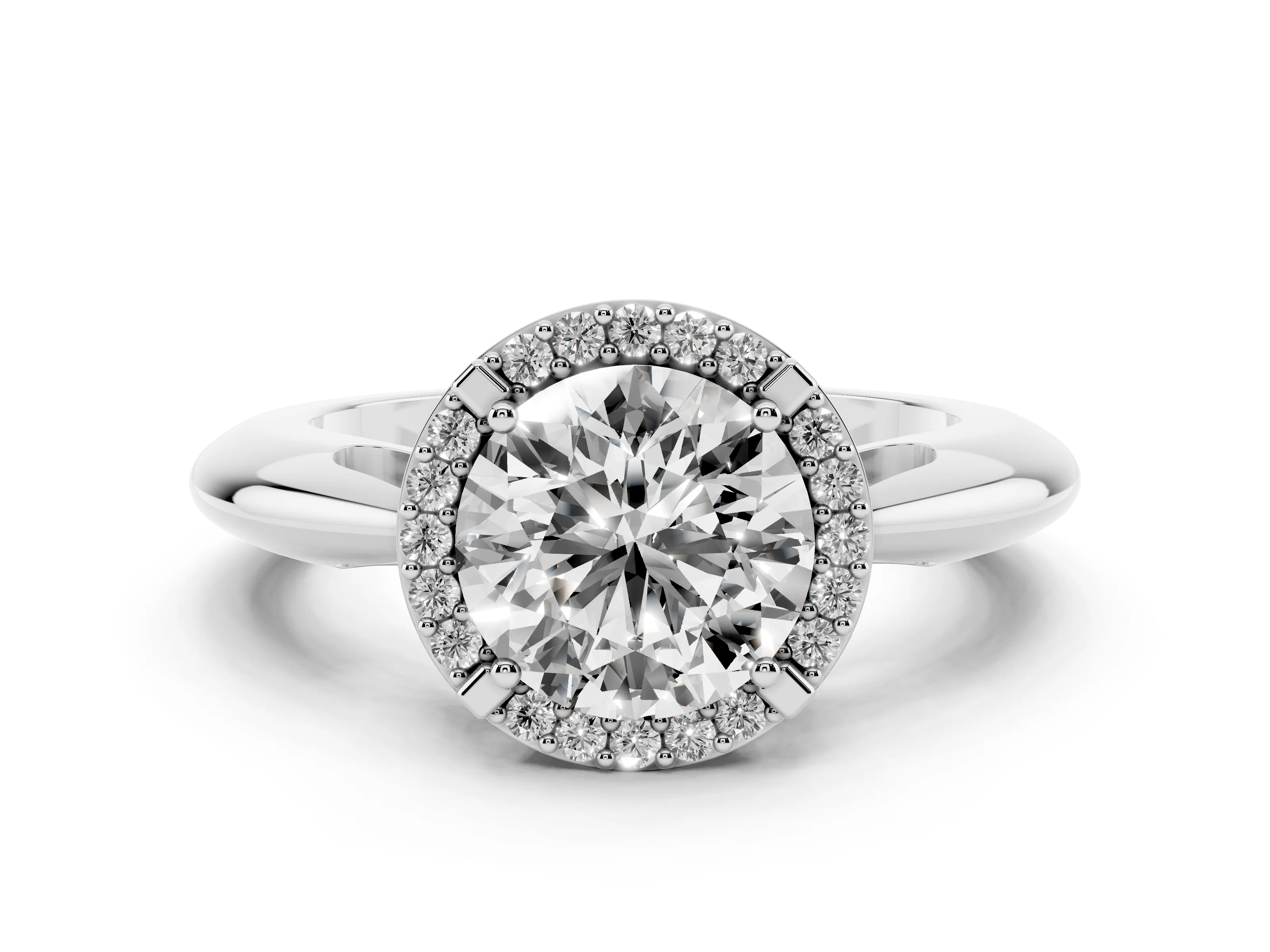 Round Cut Diamond Halo Engagement Ring Set in Platinum with Plain Split Shank and Prong Setting