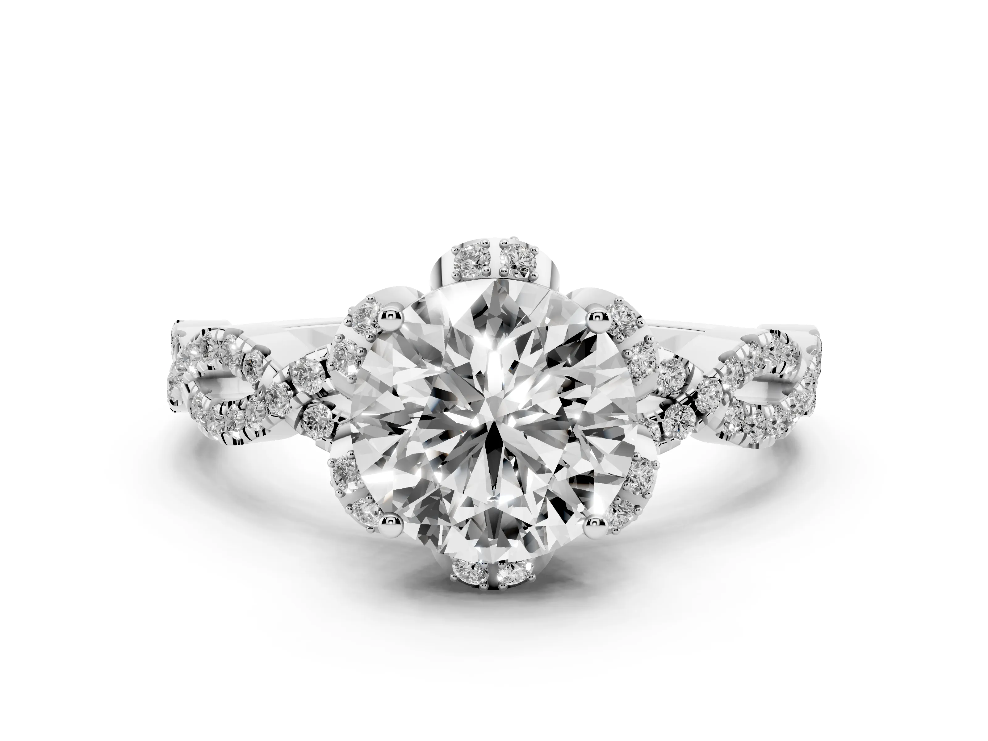 Round Cut Diamond Halo Twist Band Solitaire Ring Set in White gold with Prong-Set Center Stone