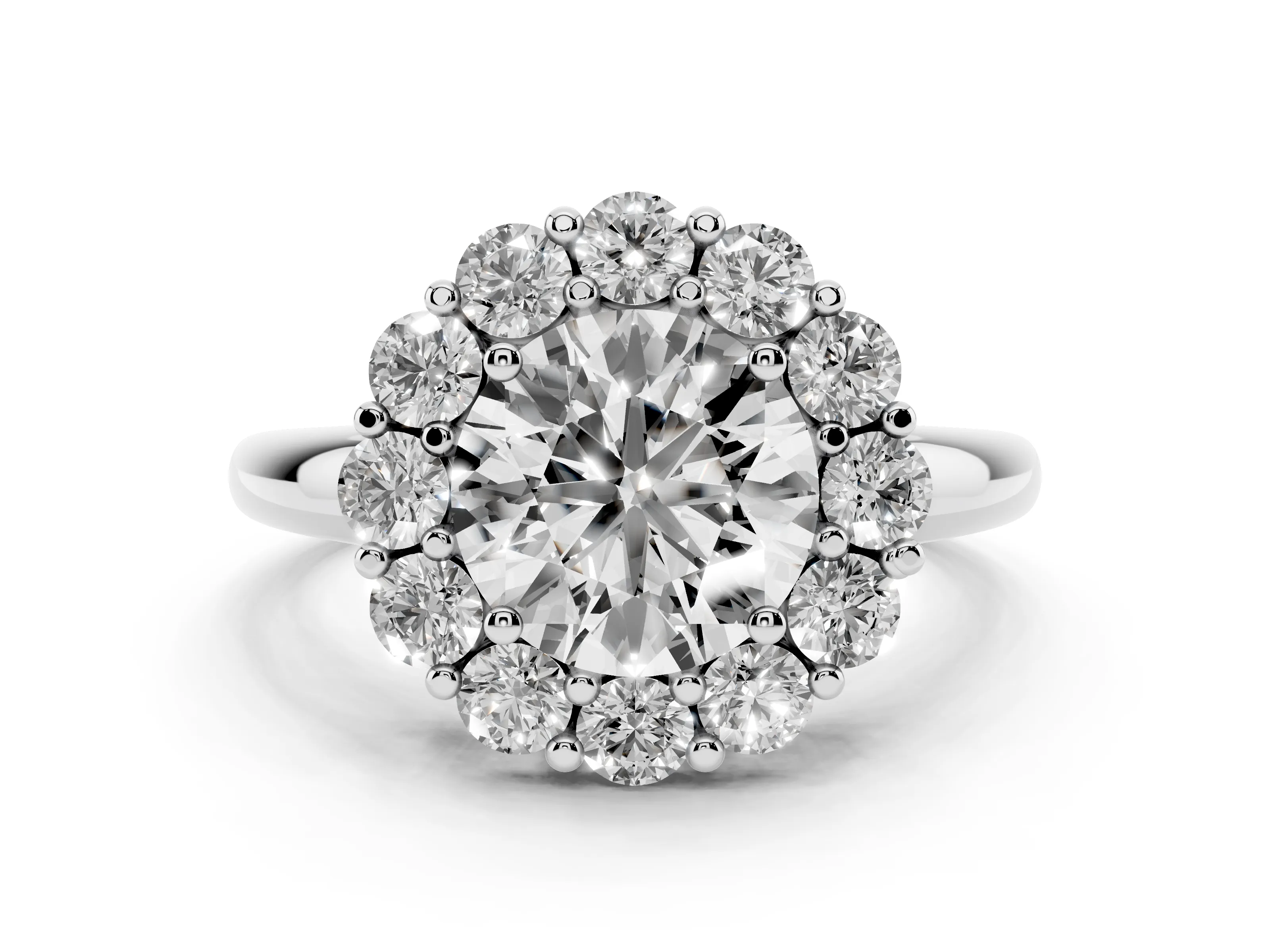 Round Cut Diamond Halo Cluster Engagement Ring Set in Platinum with Polished Band and Prong Setting