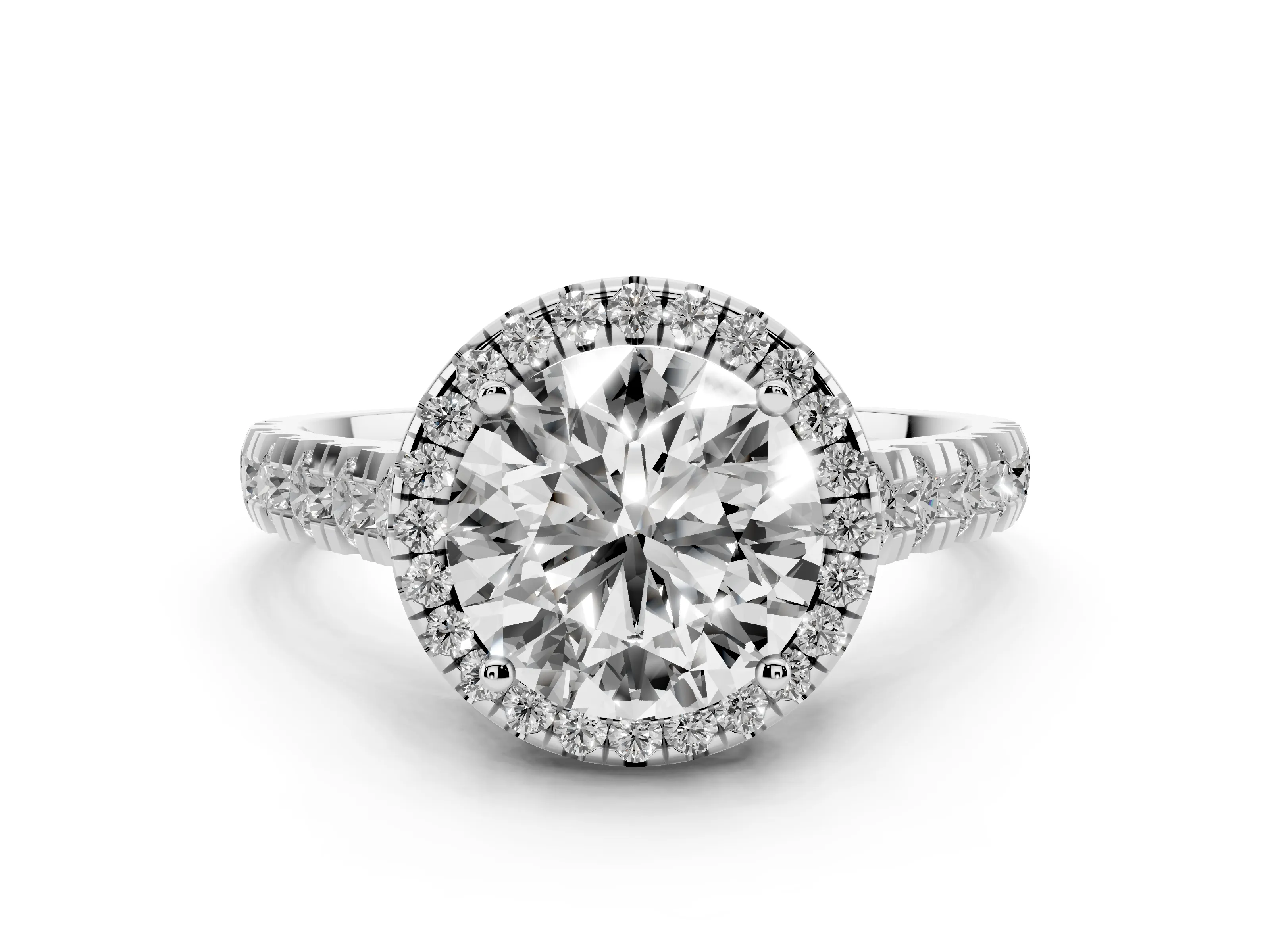 Round Cut Diamond Halo Engagement Ring Set in White gold with Pavé Band and Prong-Set Center