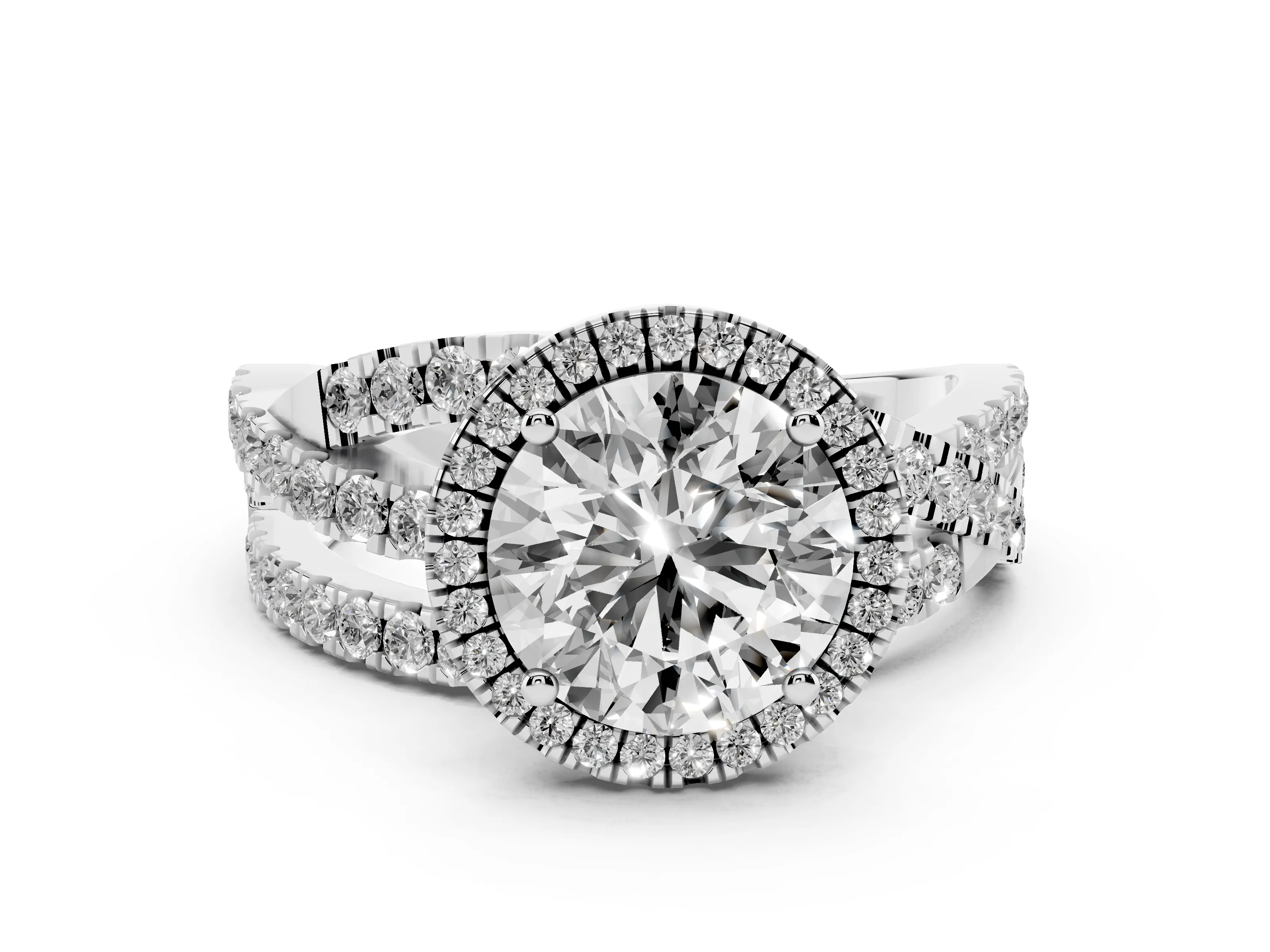Round Cut Diamond Halo Ring Set in Platinum with Round Crossover Split Shank and Prong Setting