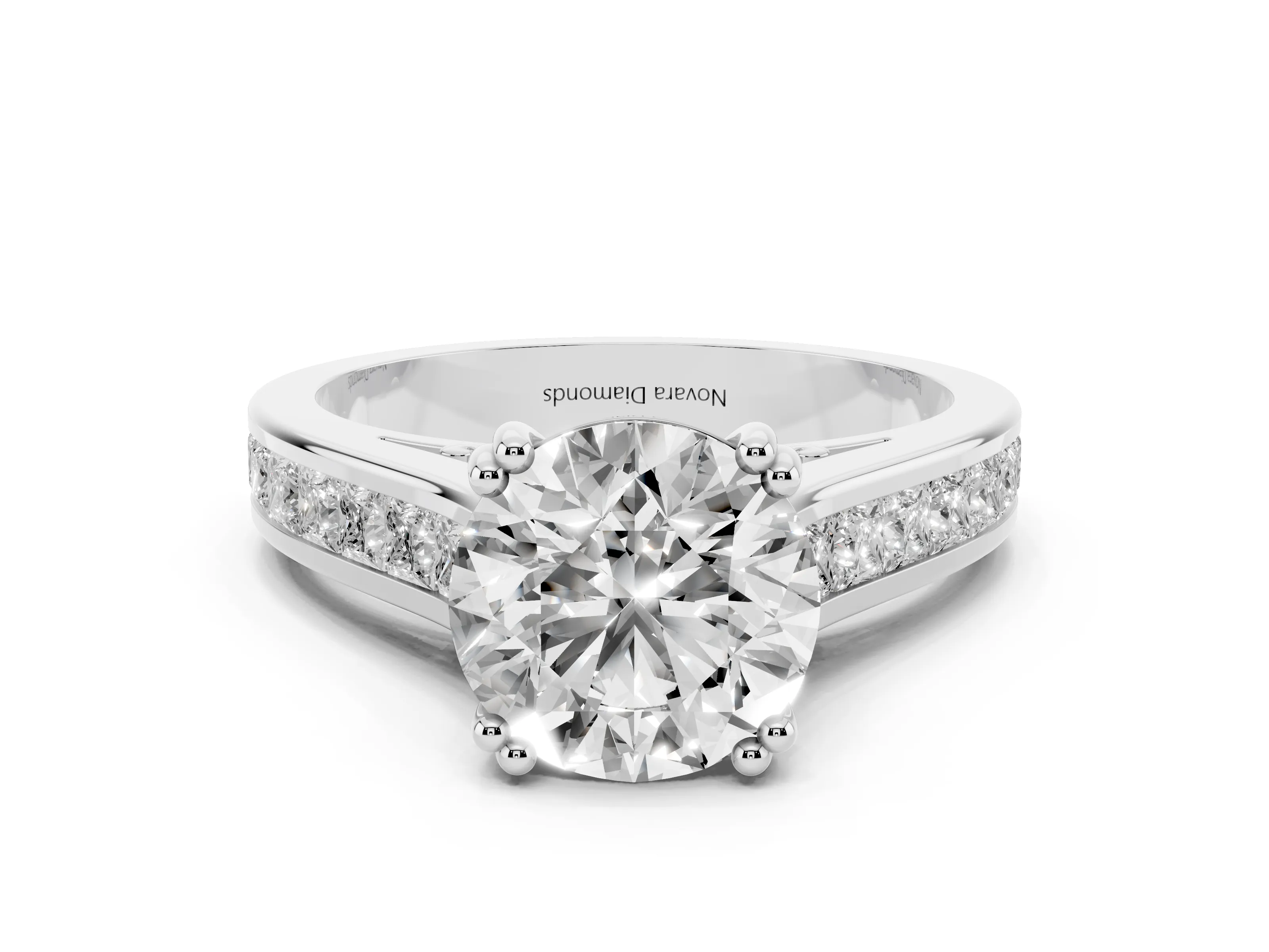 Round Cut Diamond Channel Set Solitaire Engagement Ring Set in Silver with Prong Setting