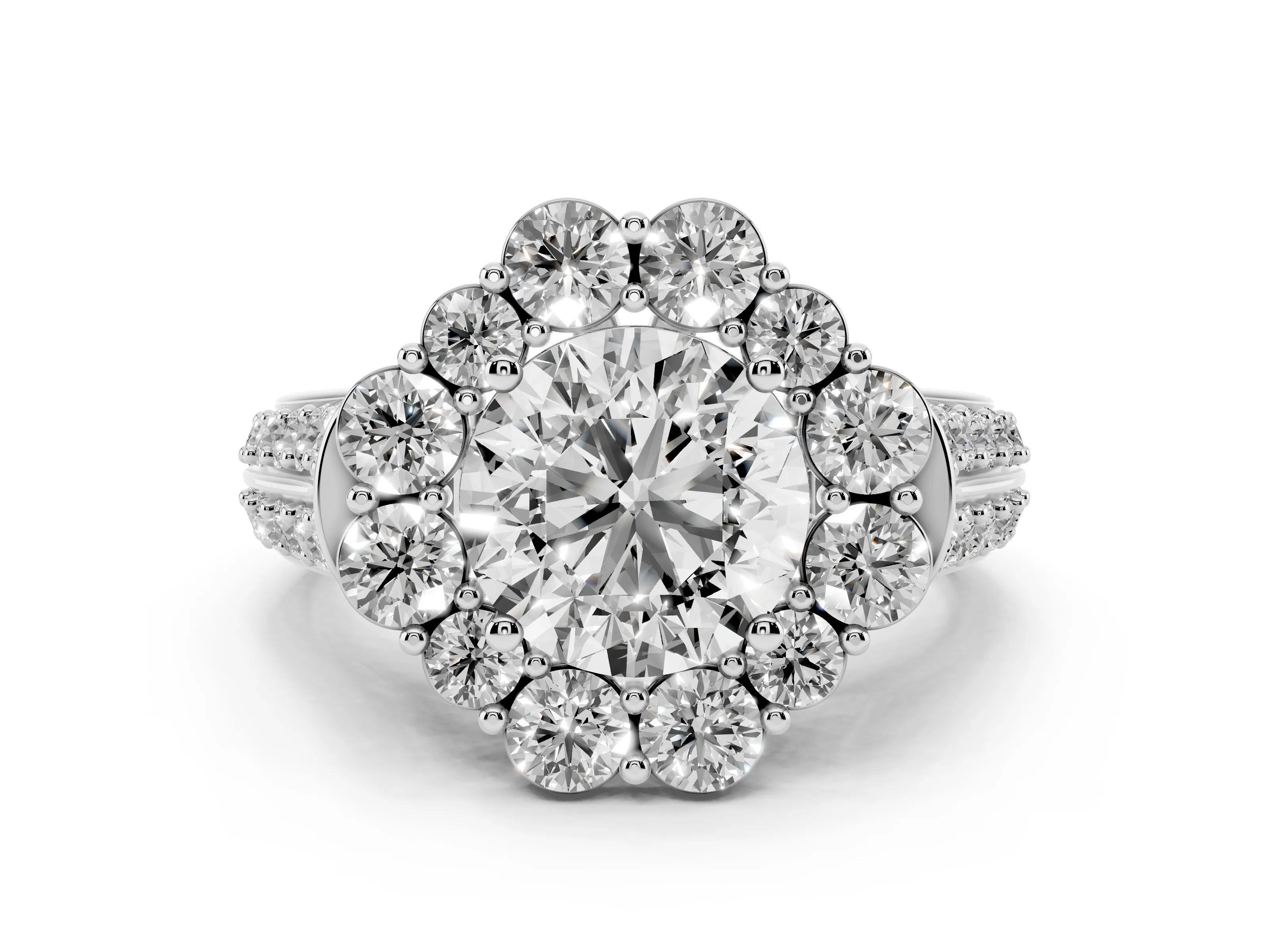 Round Cut Diamond Halo Engagement Ring Set in White gold with Split Shank and Prong Setting