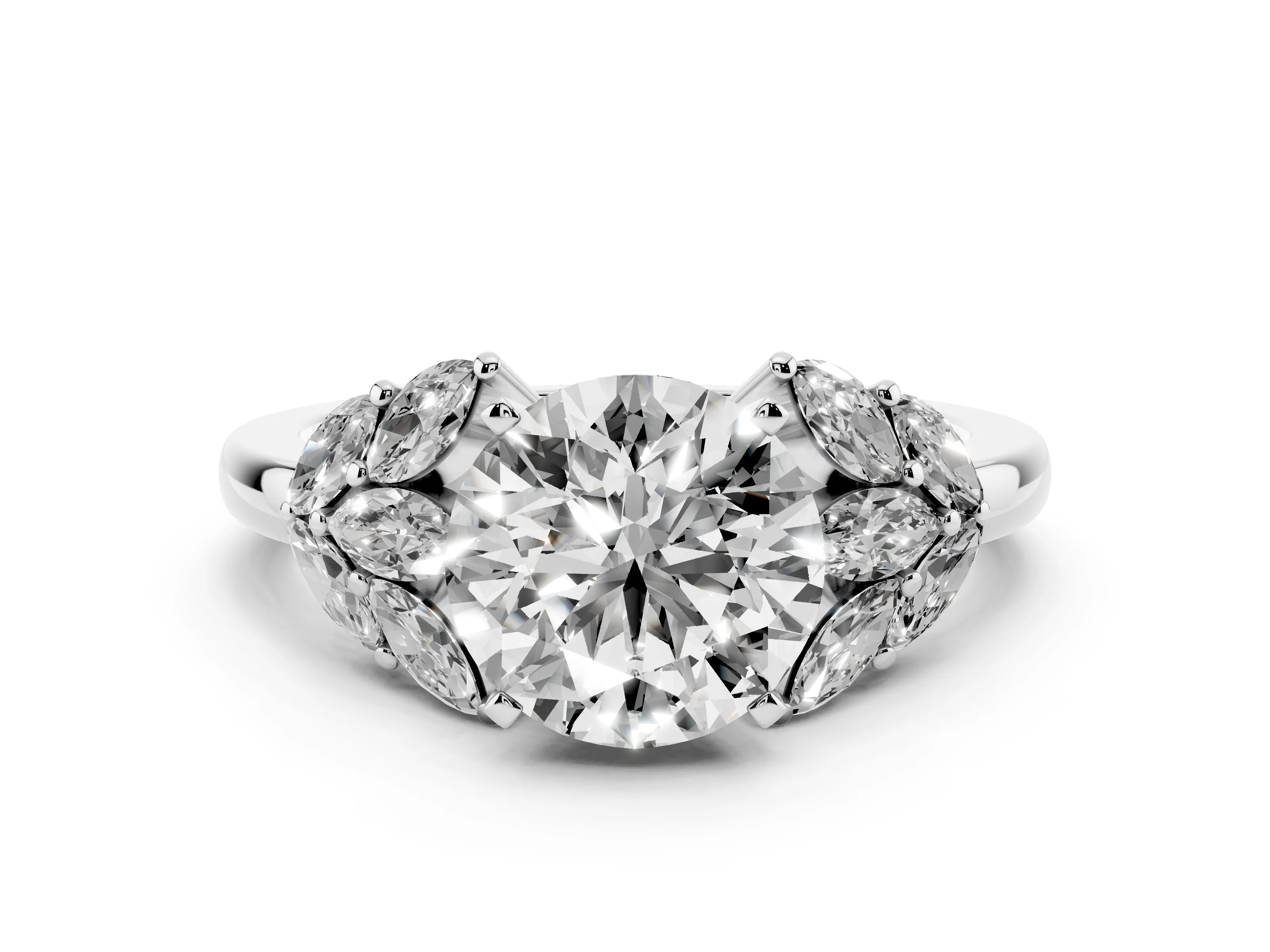 Round Cut Diamond Cluster Leaf Design Ring Set in Platinum with Prong Setting