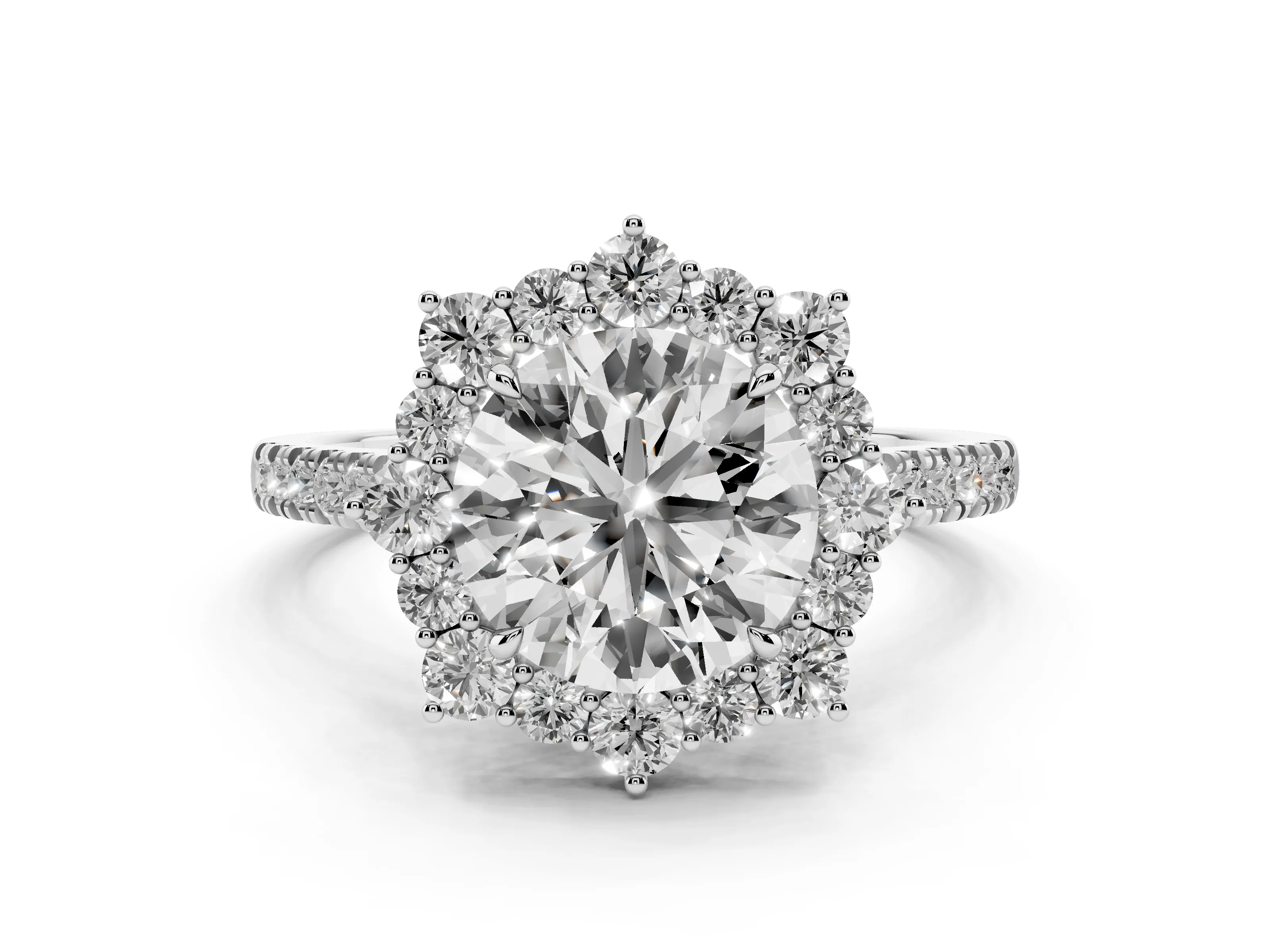 Round Cut Diamond Halo Ring Set in White gold with Pavé Band and Prong Setting