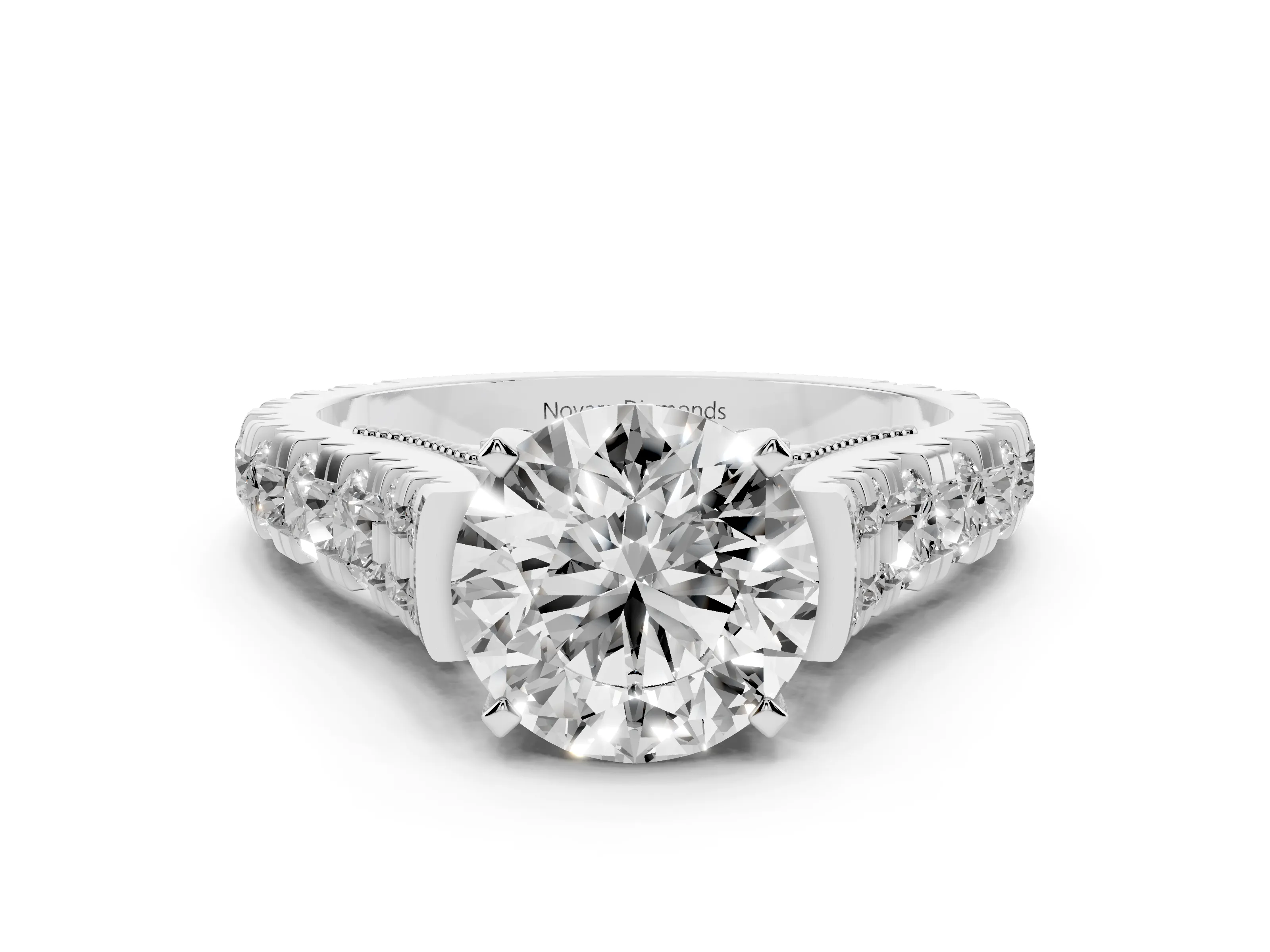 Round Cut Diamond Classic Solitaire Ring Set in Platinum with Pavé Band and Prong Setting