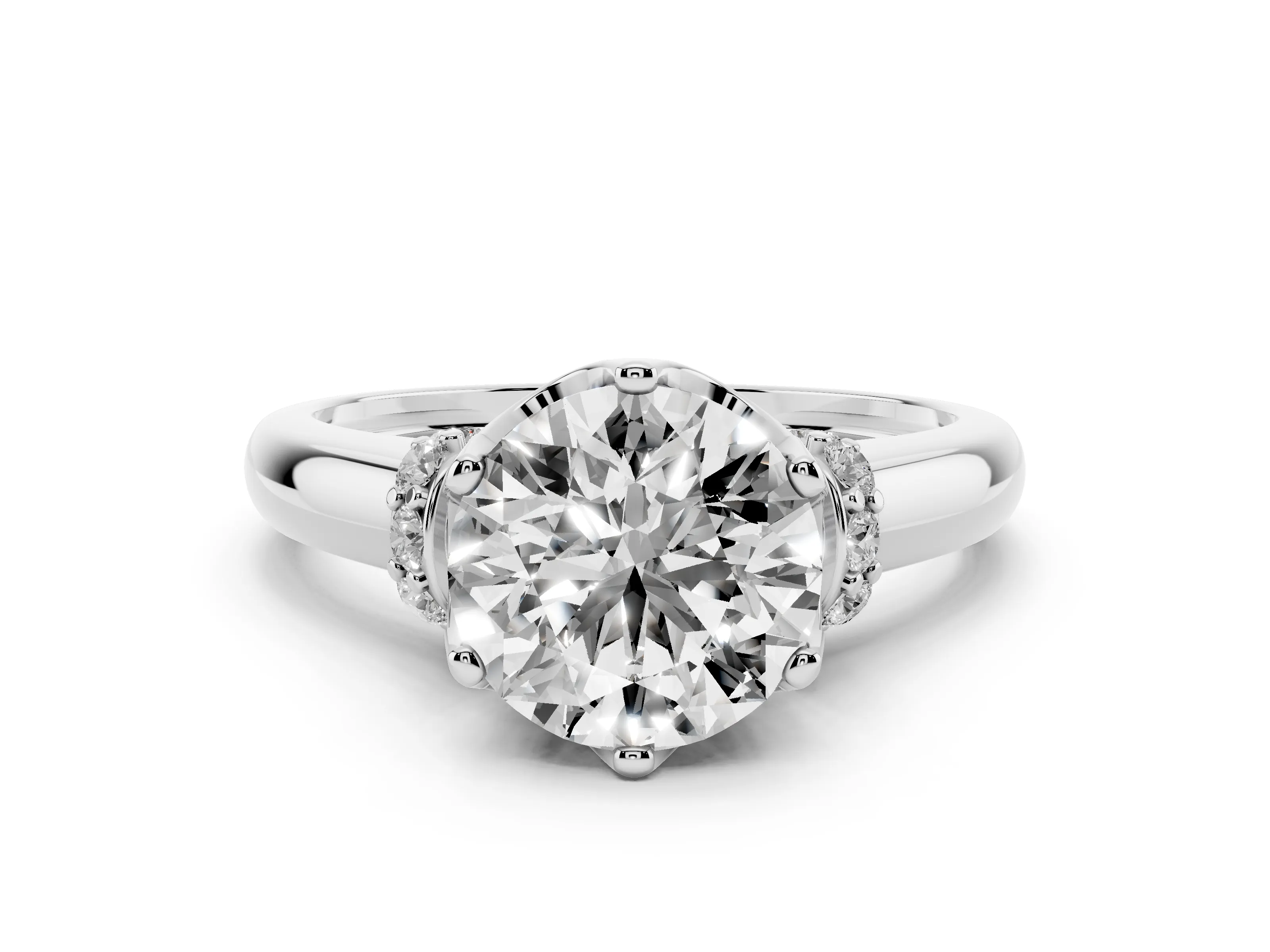 Round Cut Diamond Cathedral Solitaire Engagement Ring Set in Platinum with Pavé Accents