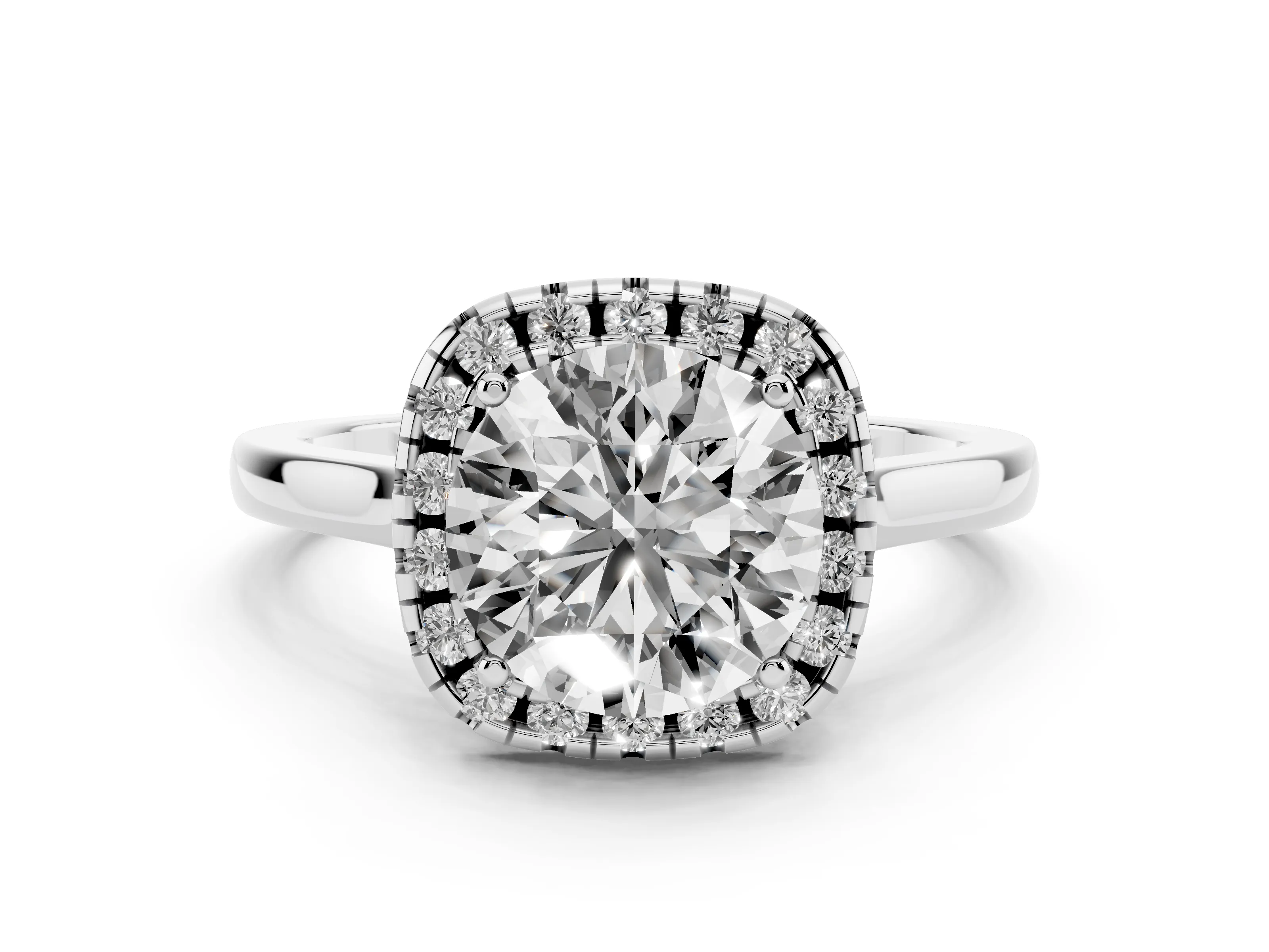 Round Cut Halo Round Diamond Solitaire Ring Set in Platinum with Pavé Band and Prong Setting