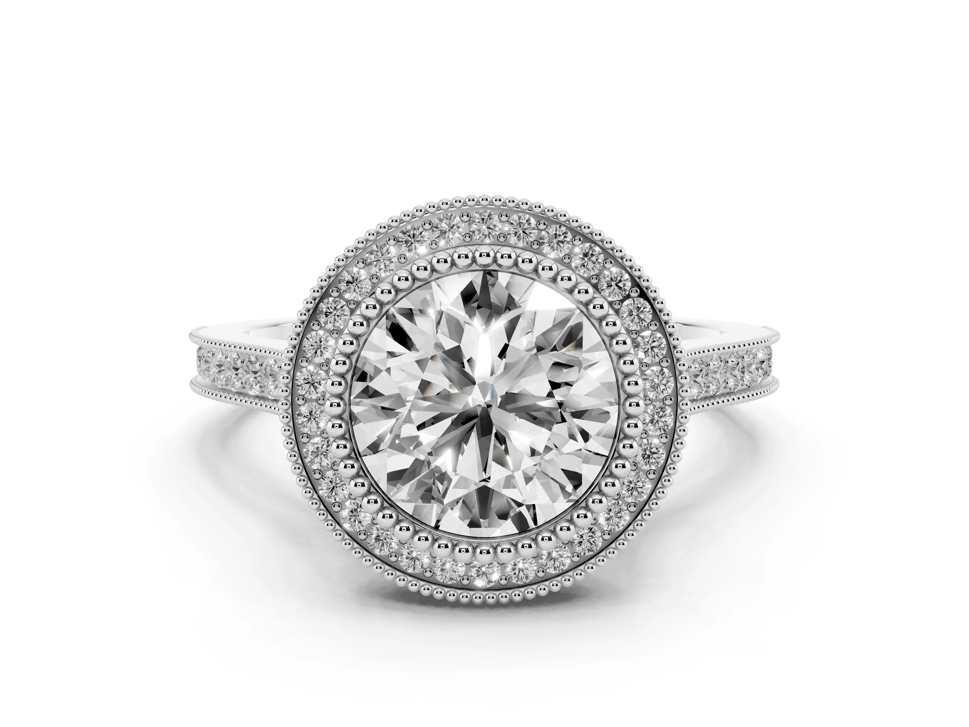 Round Cut Diamond Halo Ring Set in Platinum with Milgrain Frame and Pavé Band