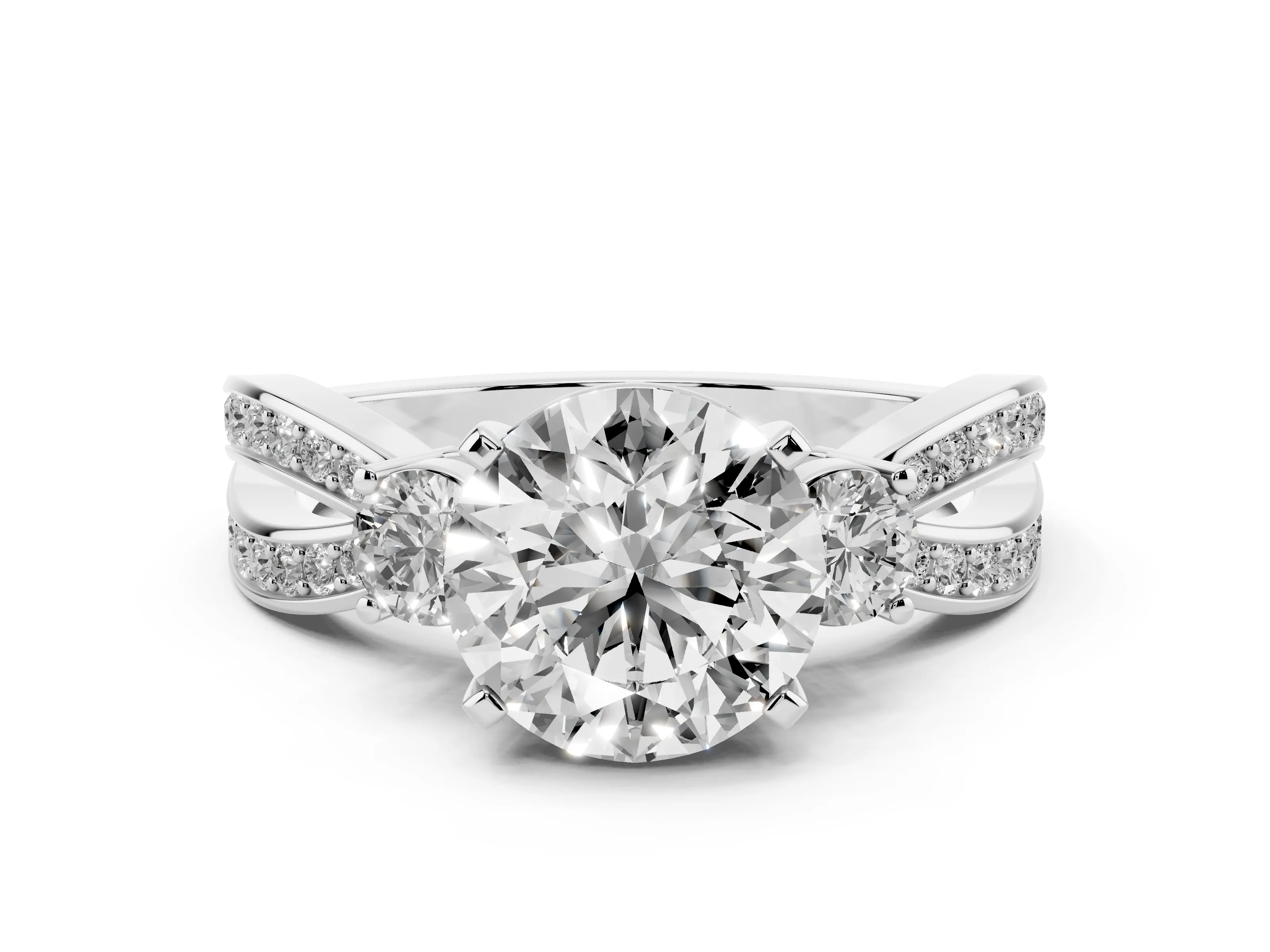 Three-Stone Round Cut Diamond Twist Band Ring Set in Platinum with Pavé Accents and Prong Setting