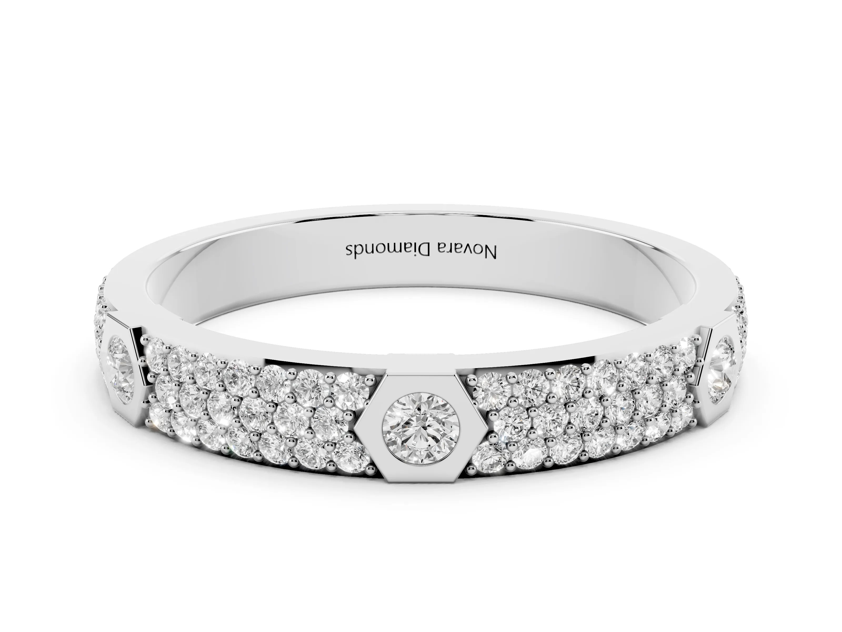Round Diamond Pavé Promise Ring Set in White gold with Round Accent Stations