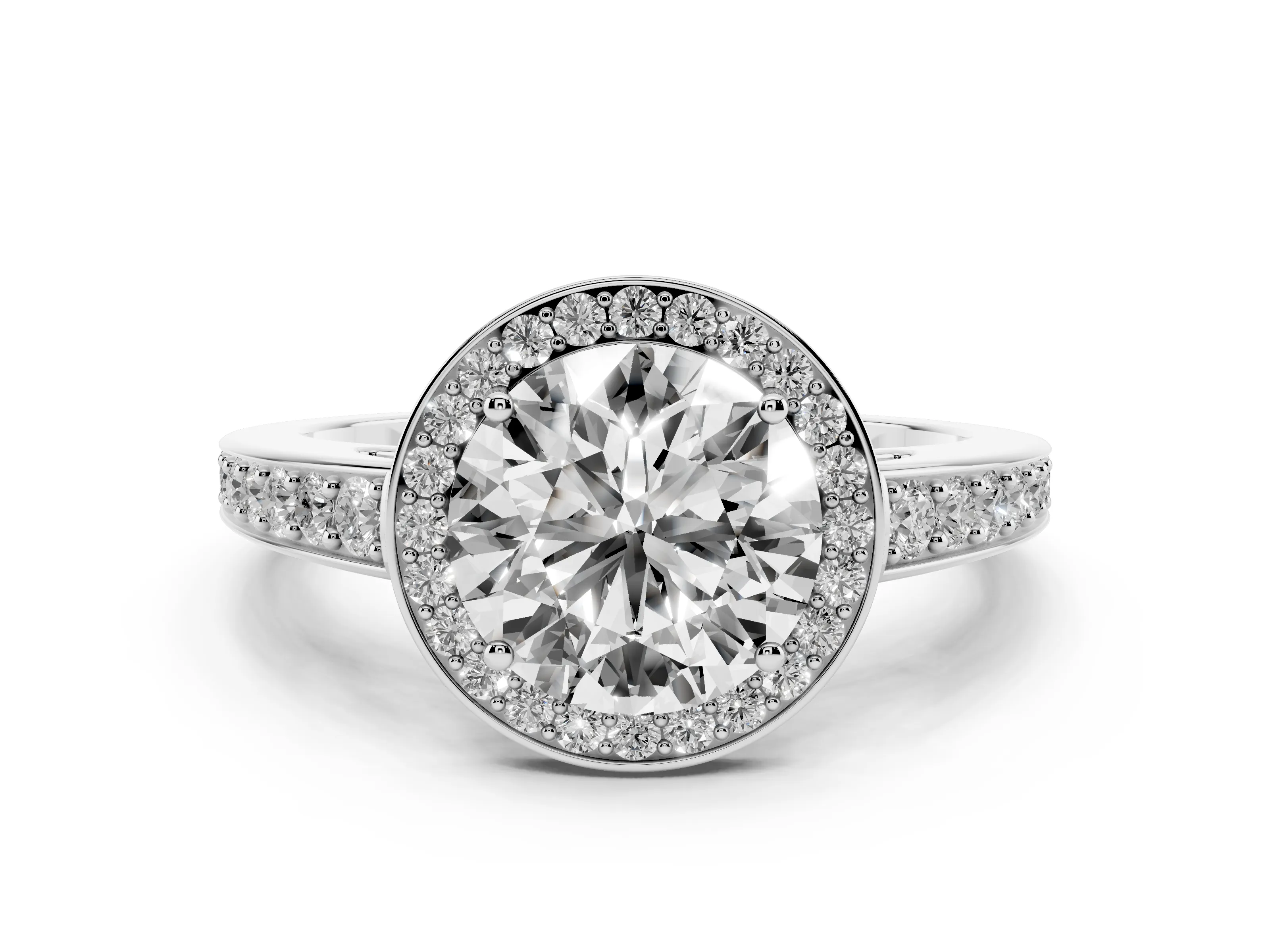 Round Cut Diamond Halo Pavé Engagement Ring Set in White gold with Bezel Setting