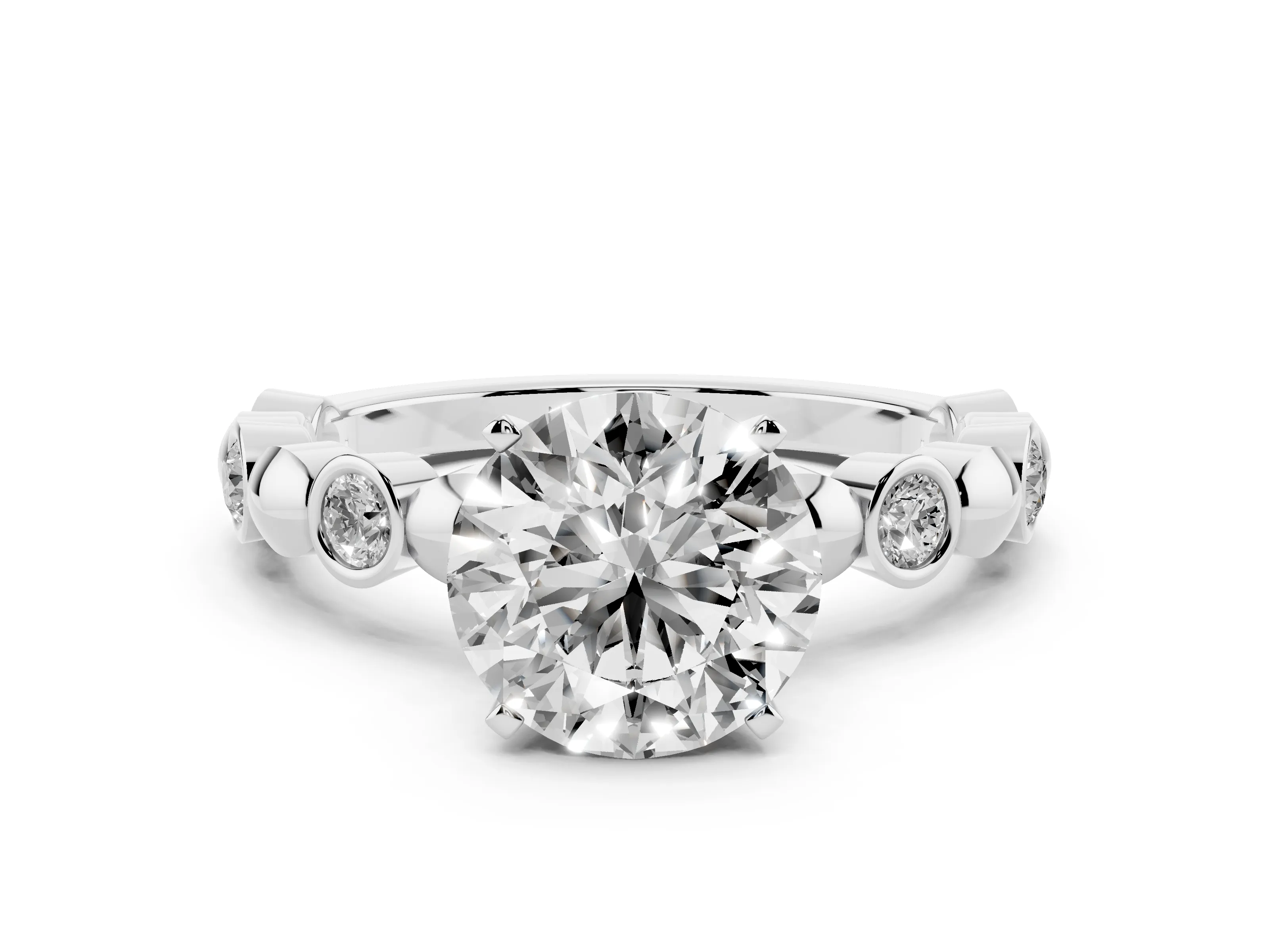 Round Cut Diamond Solitaire Ring Set in Platinum with Bezel-Set Accents on Beaded Band and Prong Setting