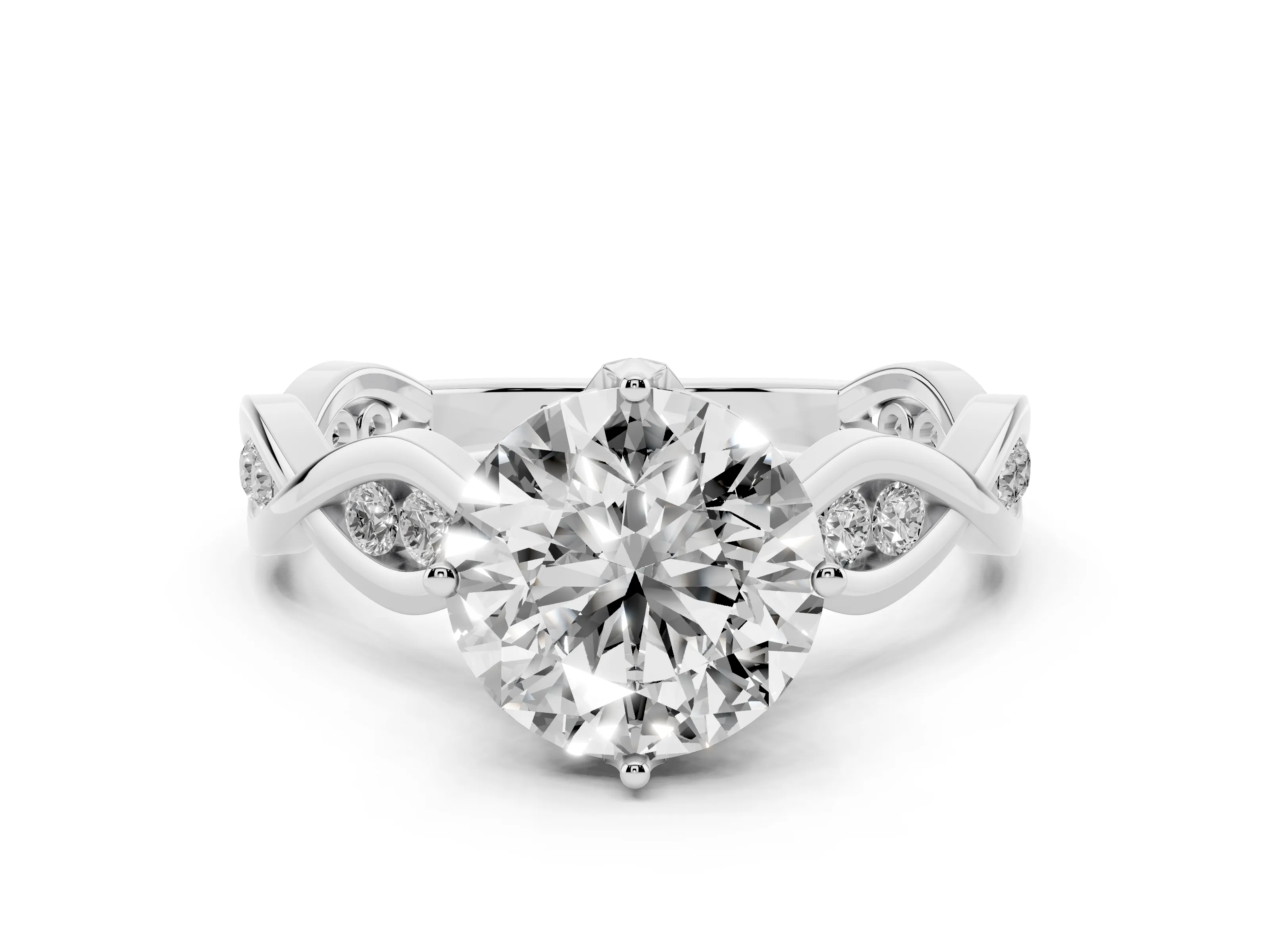 Round Cut Diamond Twist Band Solitaire Ring Set in Platinum with Leaf Prong Setting and Accent Stones