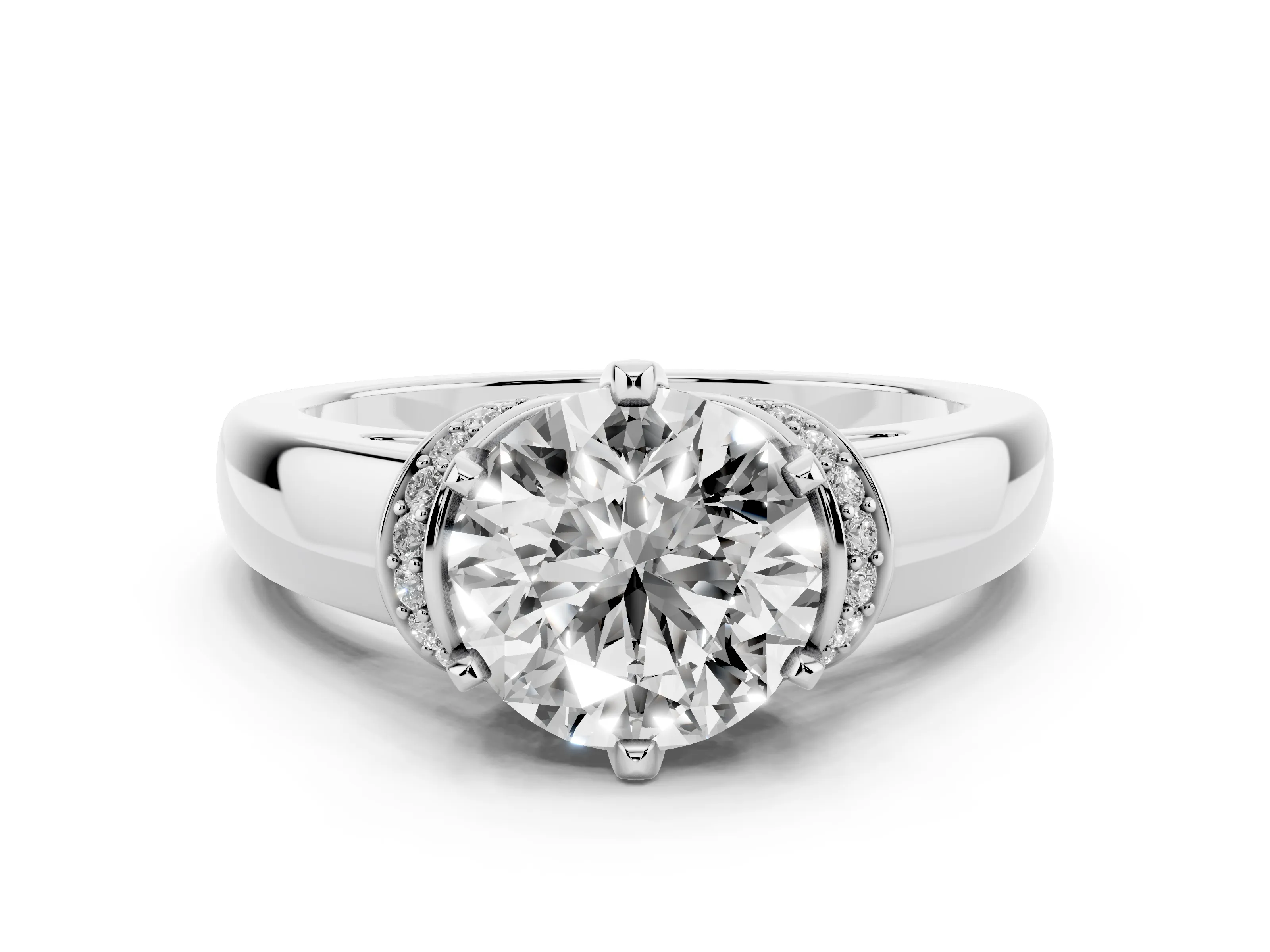 Round Cut Diamond Pavé Band Solitaire Ring Set in White gold with Prong Setting