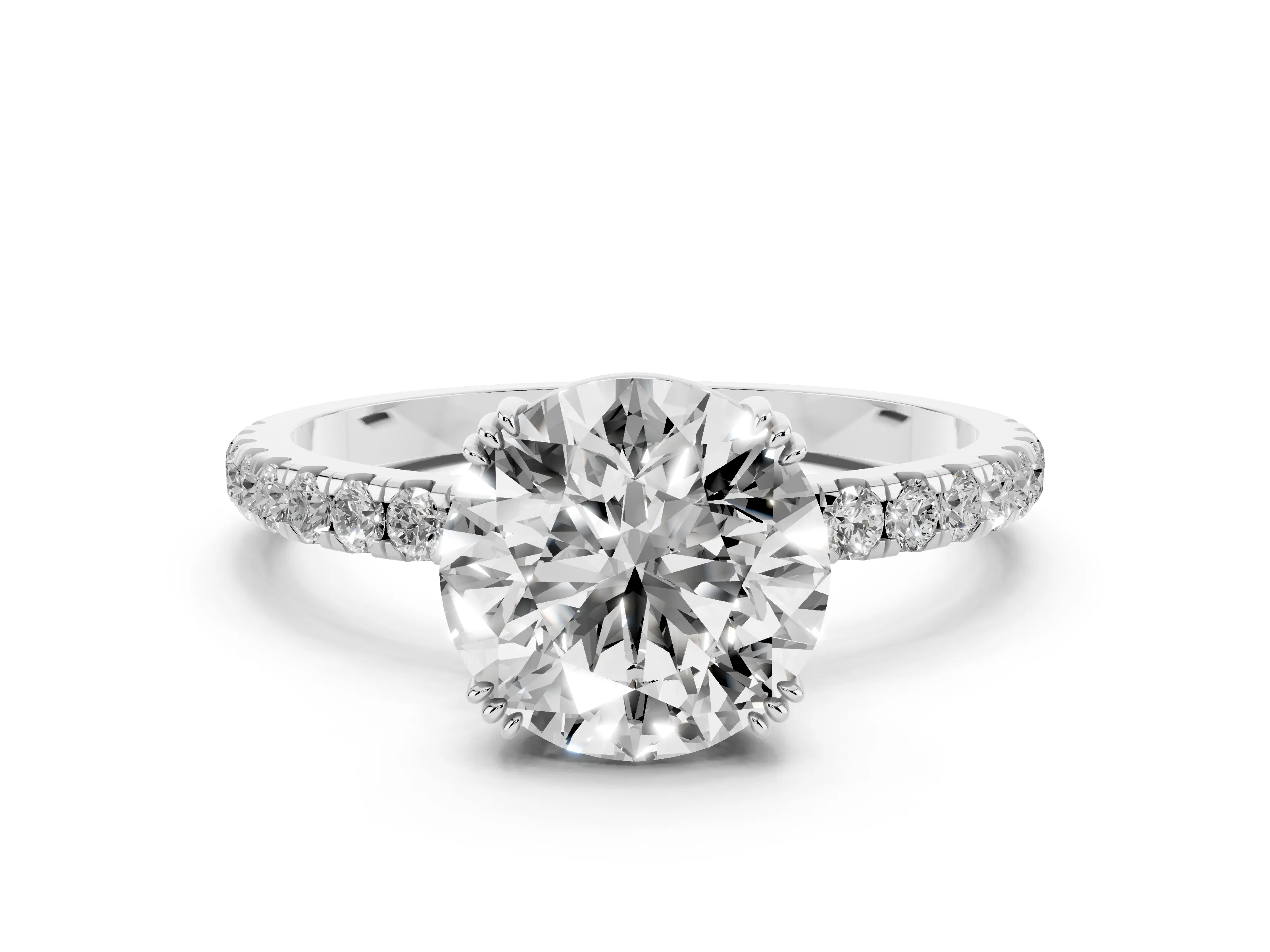 Round Cut Diamond Brilliant Solitaire Set in Silver with Pavé Band and Claw Prong Setting