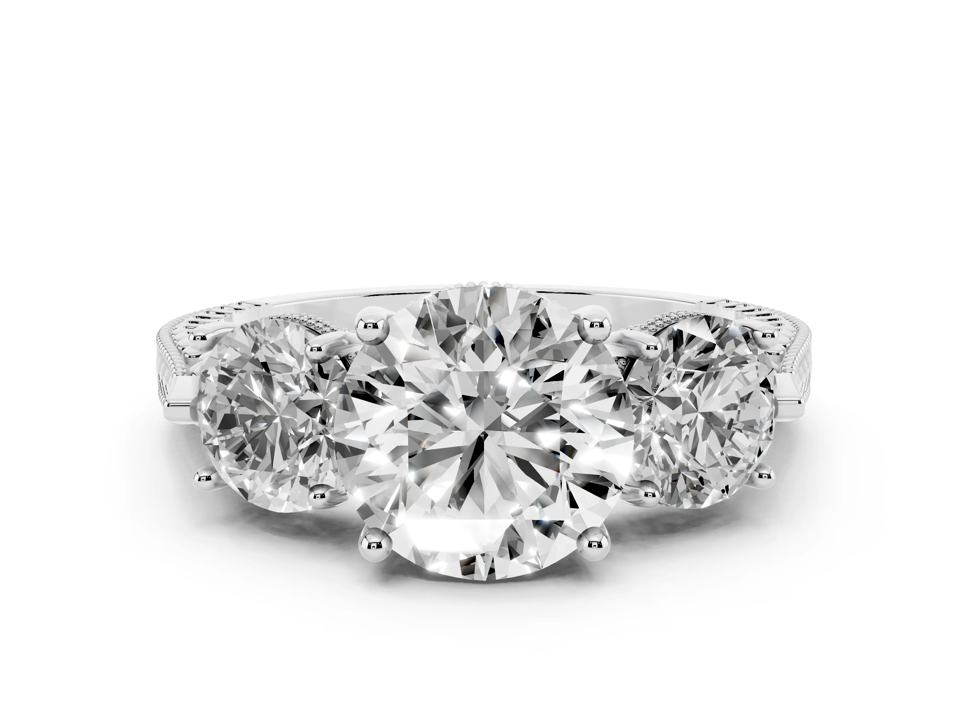 Round Cut Diamond Three-Stone Ring Set in White gold with Milgrain Band