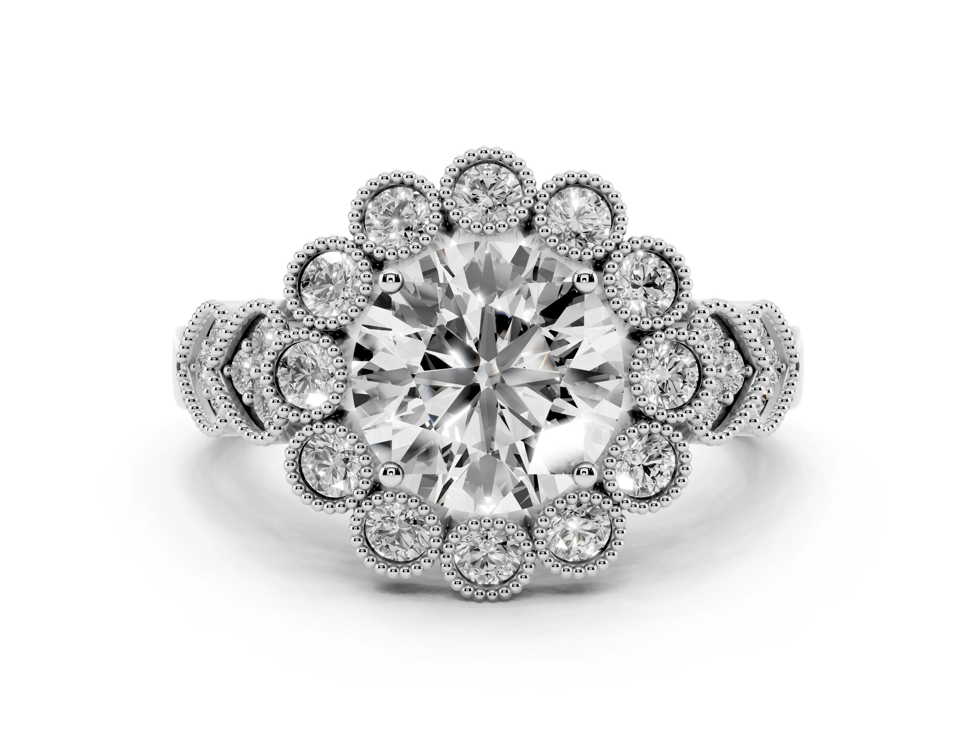 Round Cut Diamond Solitaire Ring Set in Platinum with Milgrain Pavé Heart Band