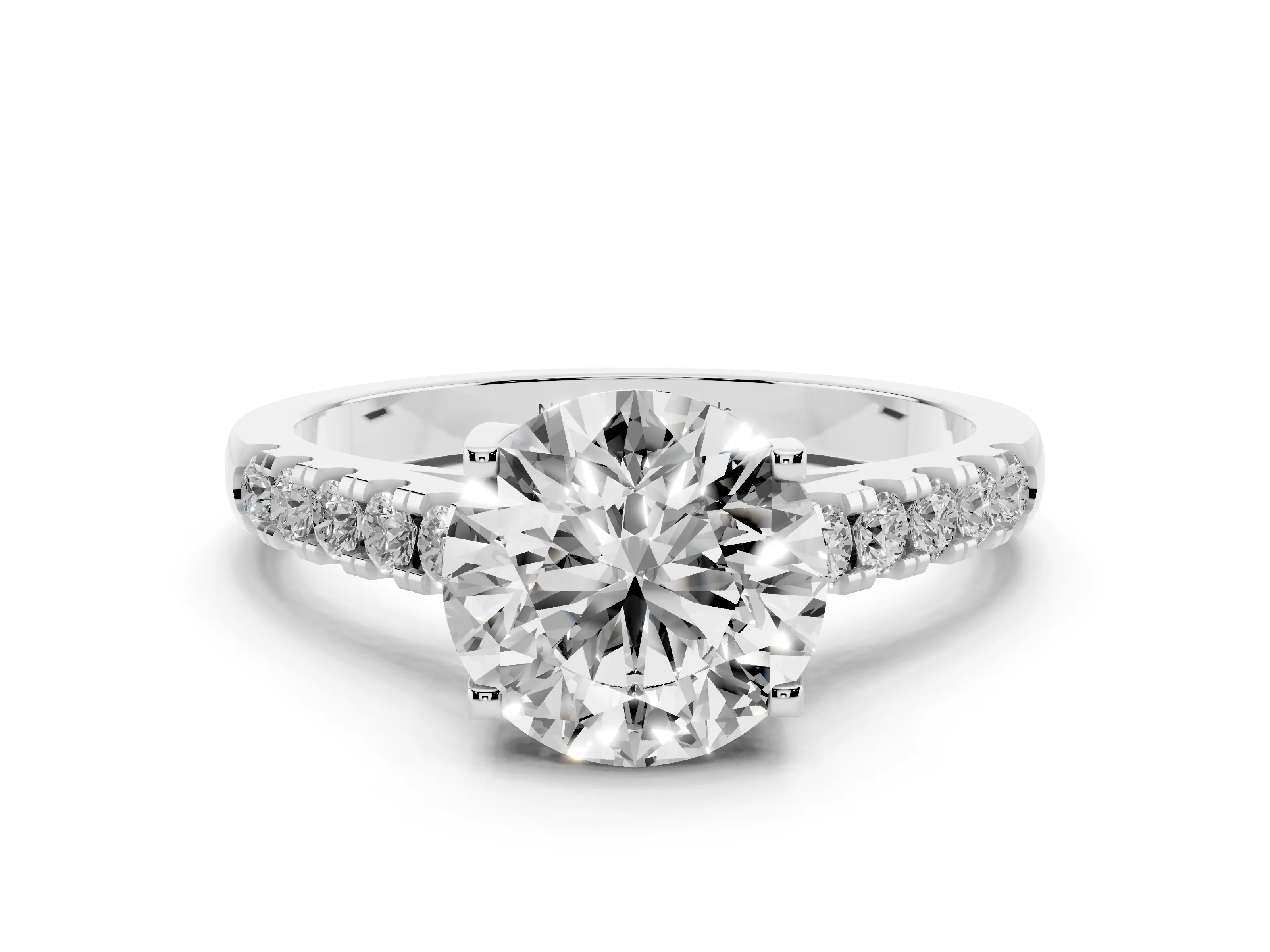Round Cut Diamond Pavé Band Solitaire Ring Set in Platinum with Partway Accent Stones and Prong Setting