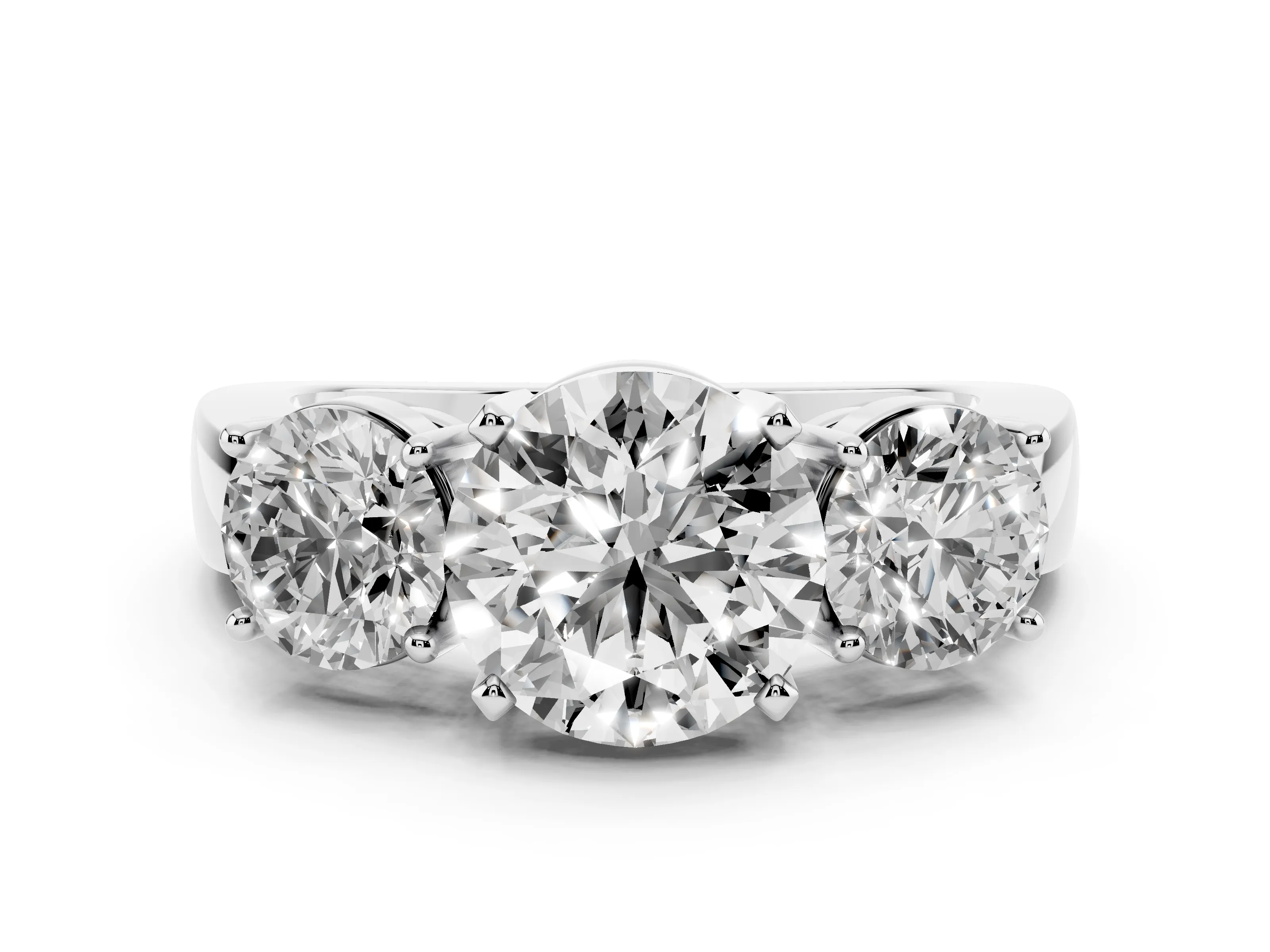 Round Cut Diamond Three-Stone Ring Set in Platinum with Round Side Stones and Classic Band