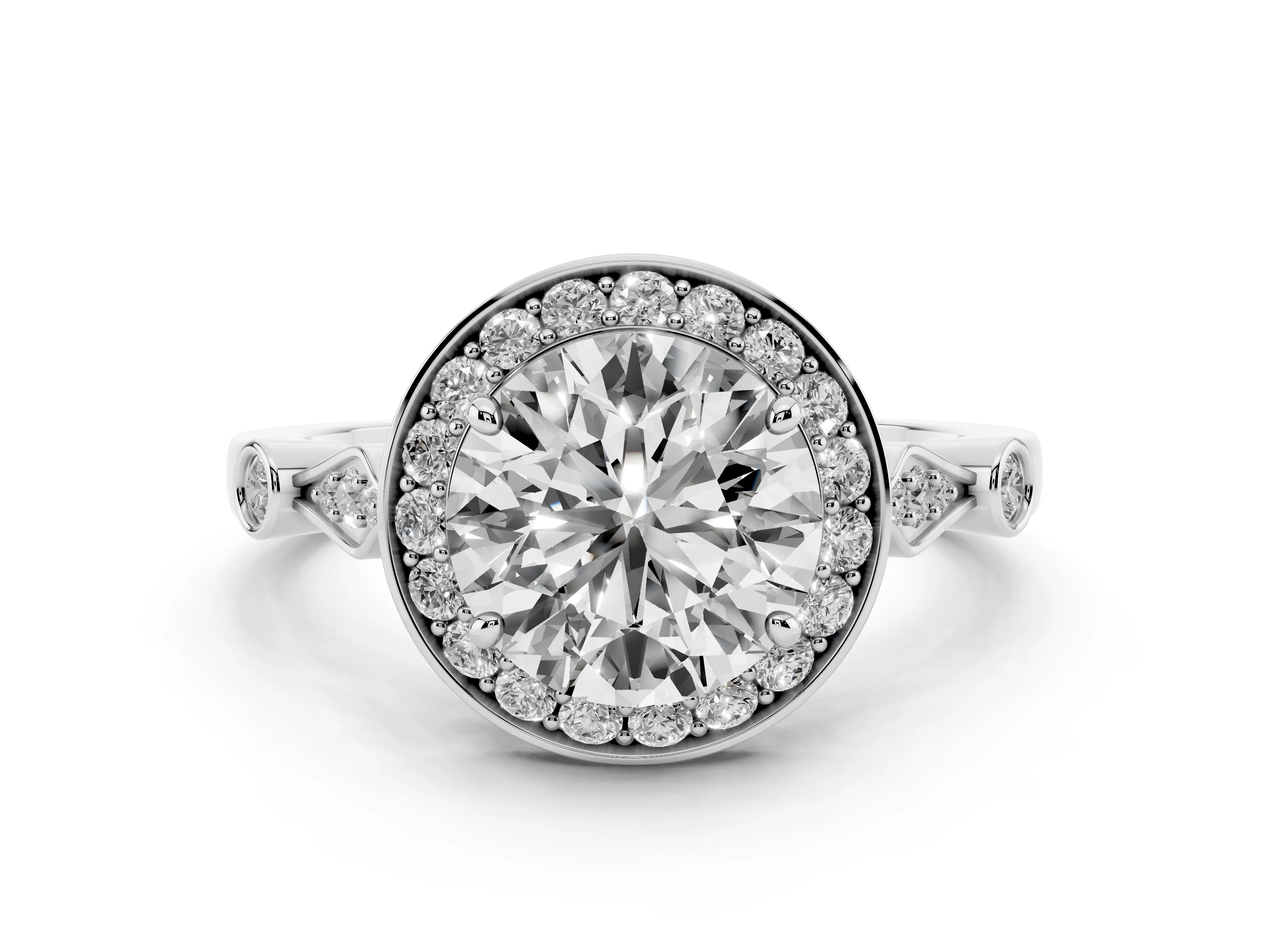 Round Cut Diamond Halo Engagement Ring Set in White gold with Twisted Band and Prong Setting
