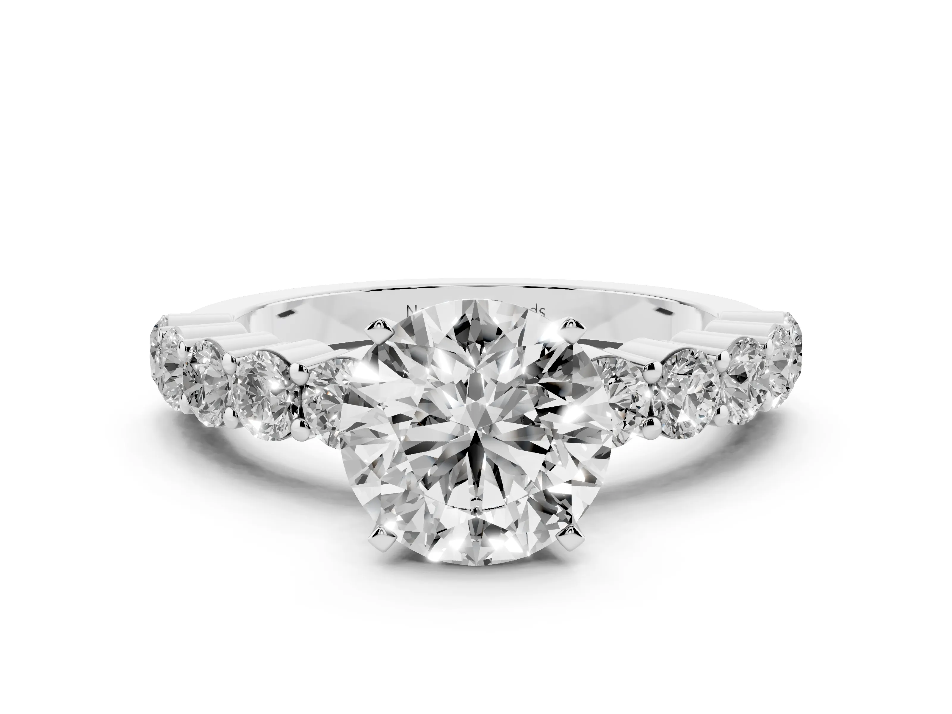 Round Cut Diamond Solitaire Ring Set in Platinum with Shared Prong Round Side Stones
