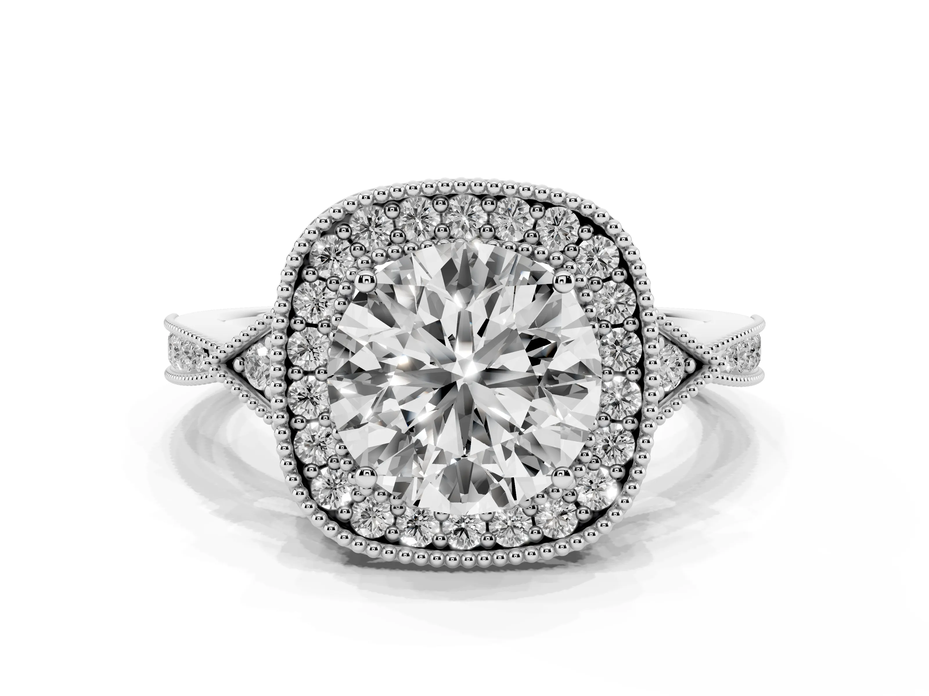 Round Cut Diamond Halo Engagement Ring Set in White gold with Milgrain Pavé Band
