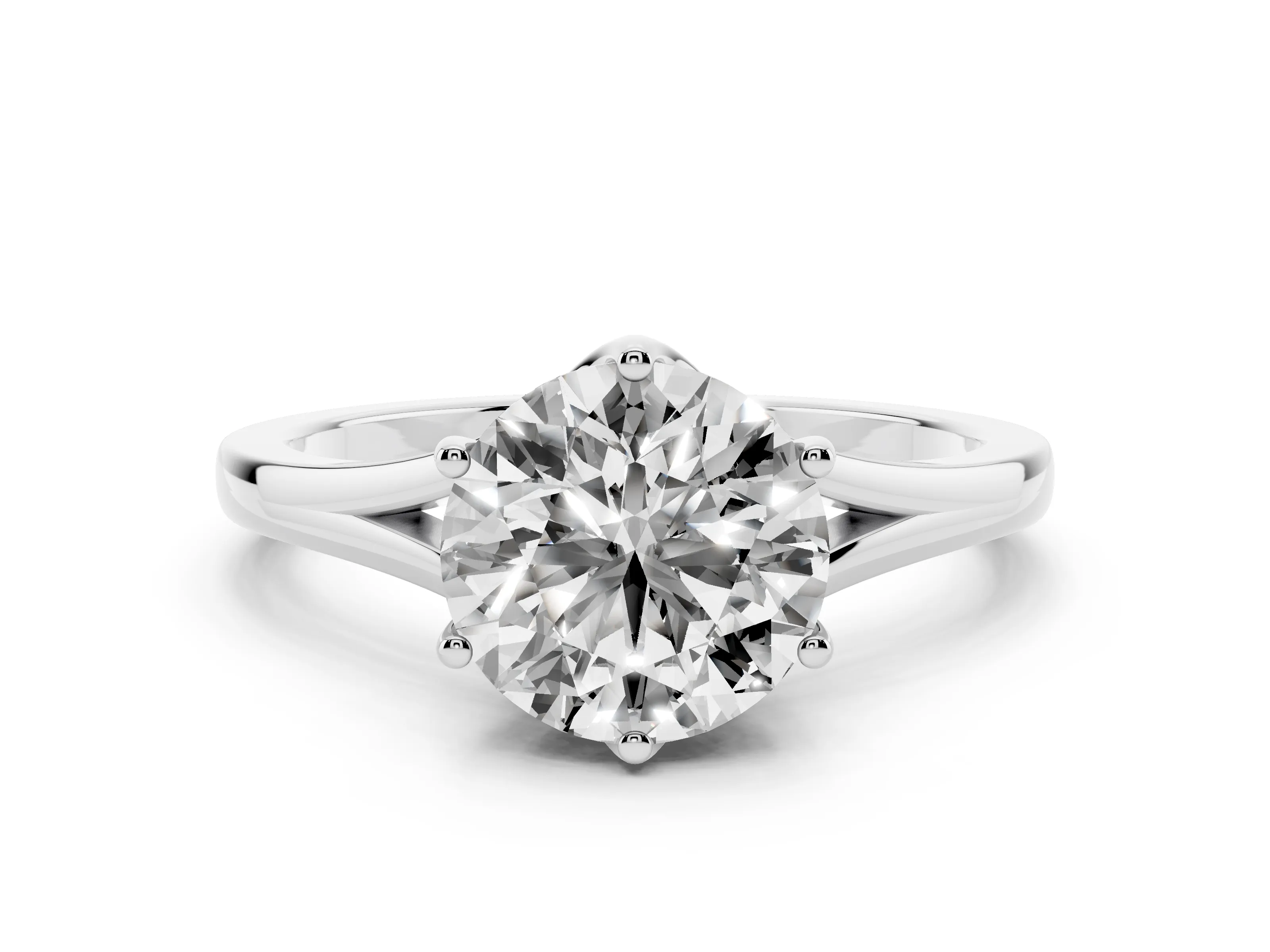 Round Cut Diamond Solitaire Ring Set in Platinum with Polished Tapered Band and Prong Setting