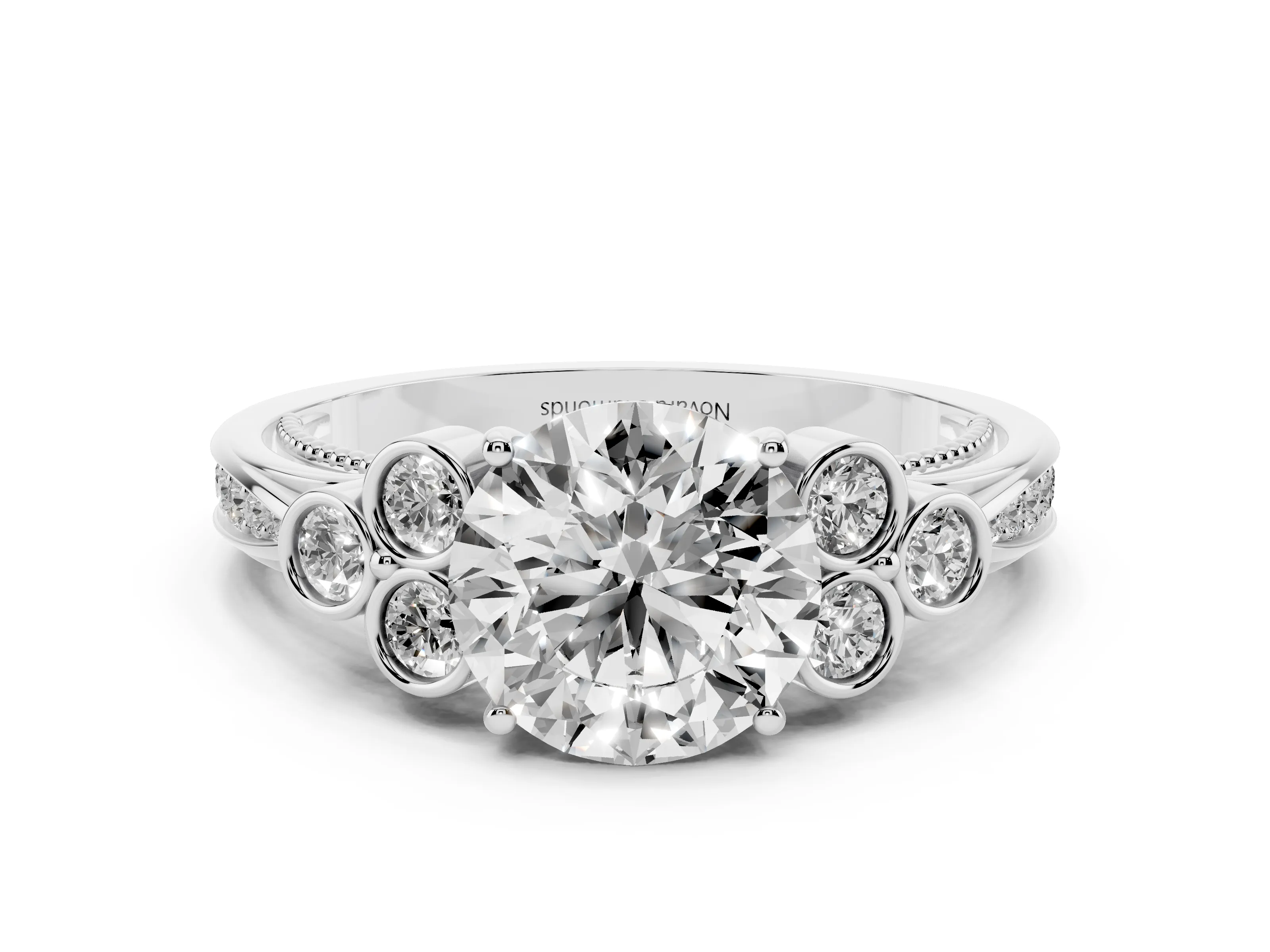 Round Cut Diamond Engagement Ring Set in Platinum with Bezel Set Round Side Stones and Prong Setting