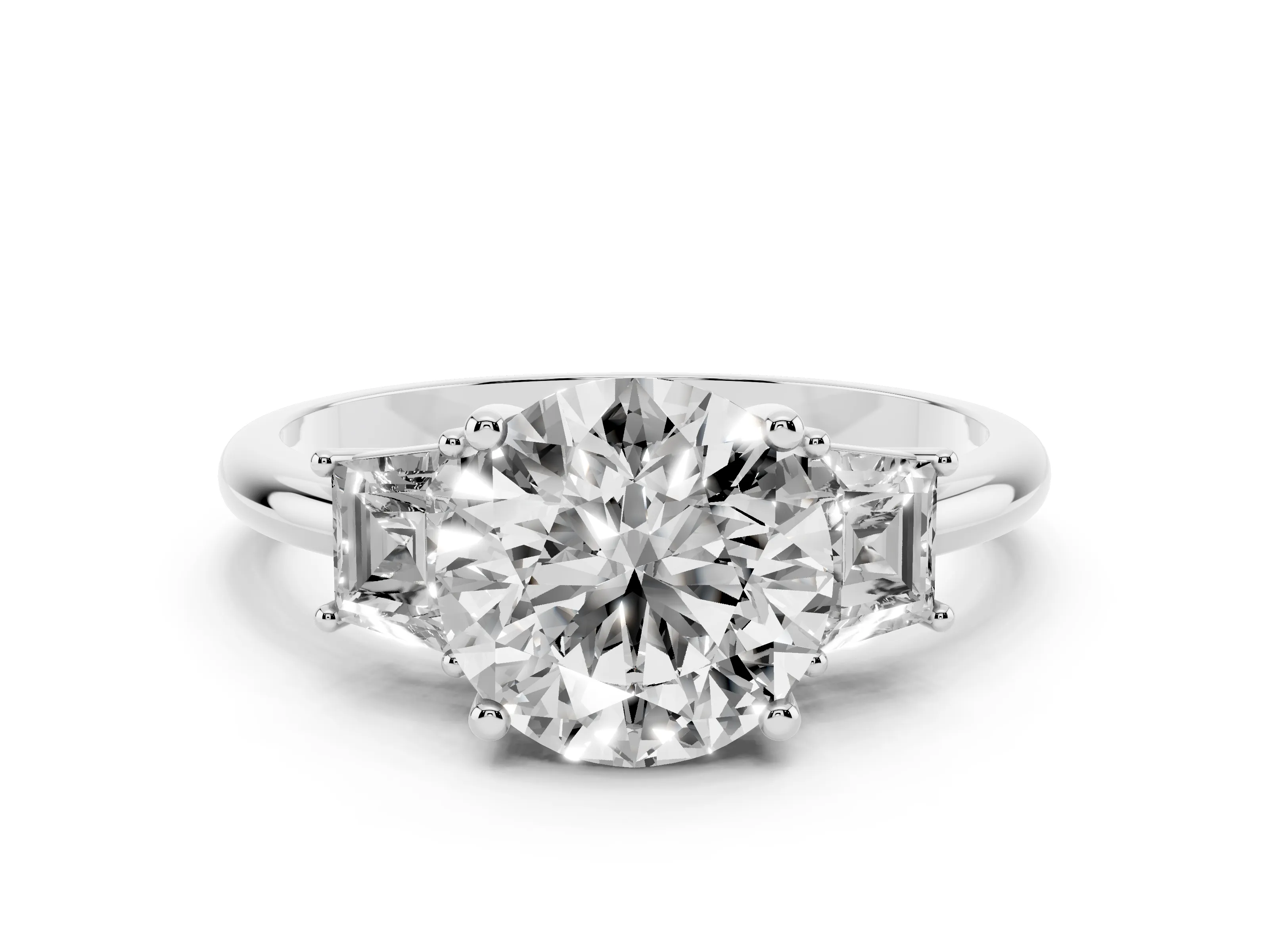 Round Cut Diamond Three-Stone Ring Set in White gold with Trapezoid Side Stones and Prong Setting