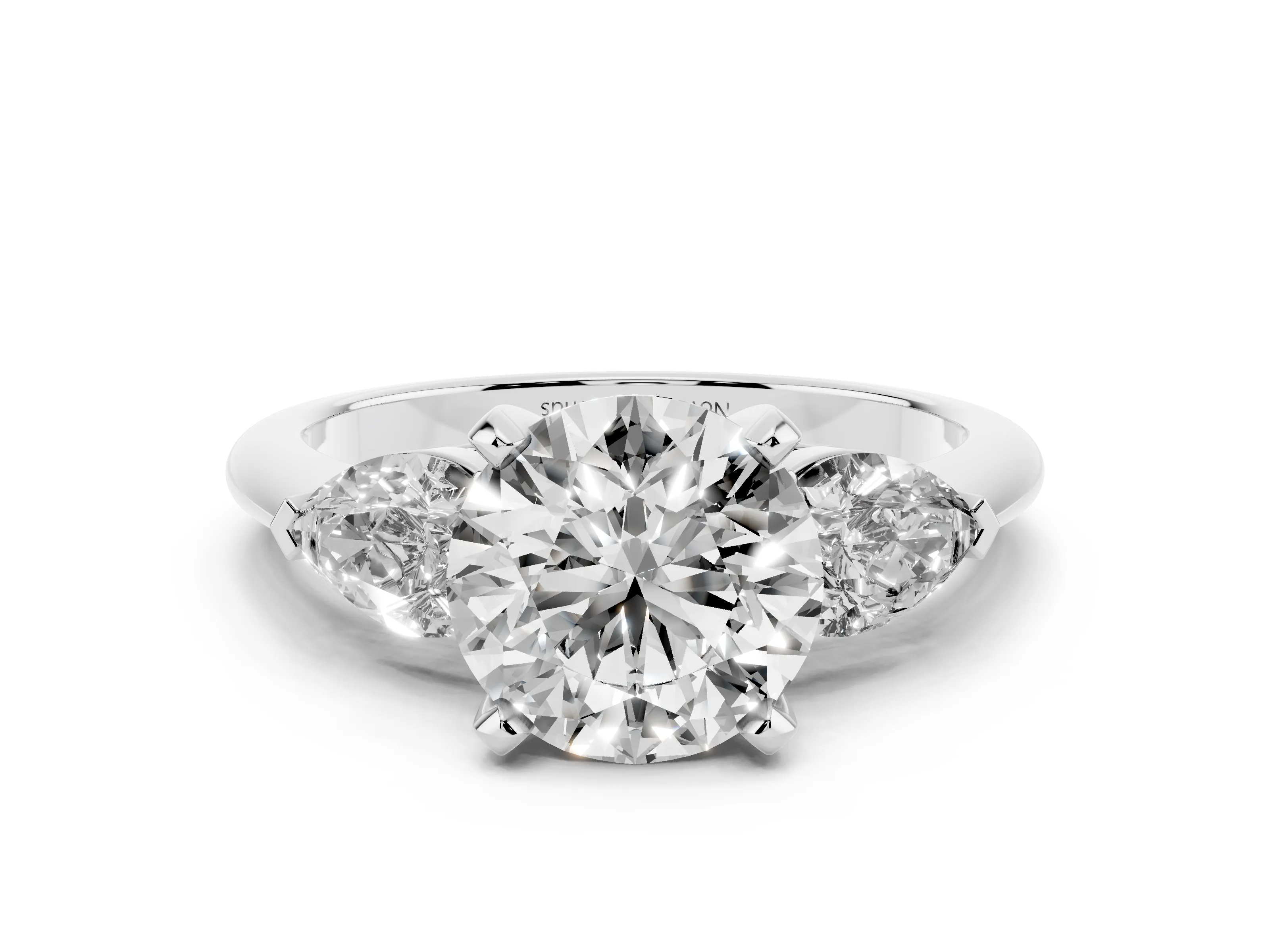 Three-Stone Round Cut Diamond Ring Set in Silver with Pear Side Stones and Prong Setting