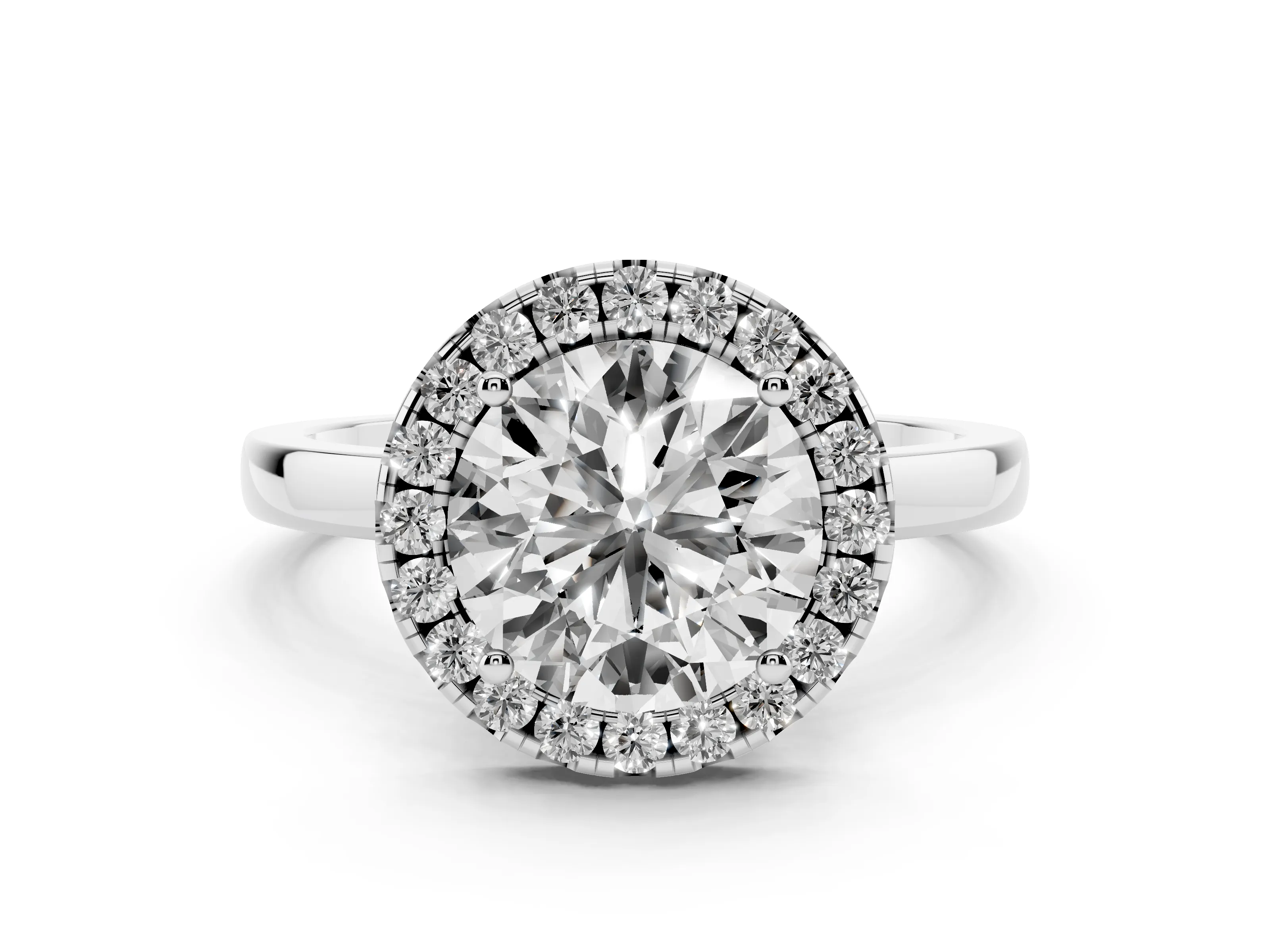 Round Cut Diamond Halo Solitaire Ring Set in White gold with Pavé Band and Prong Setting
