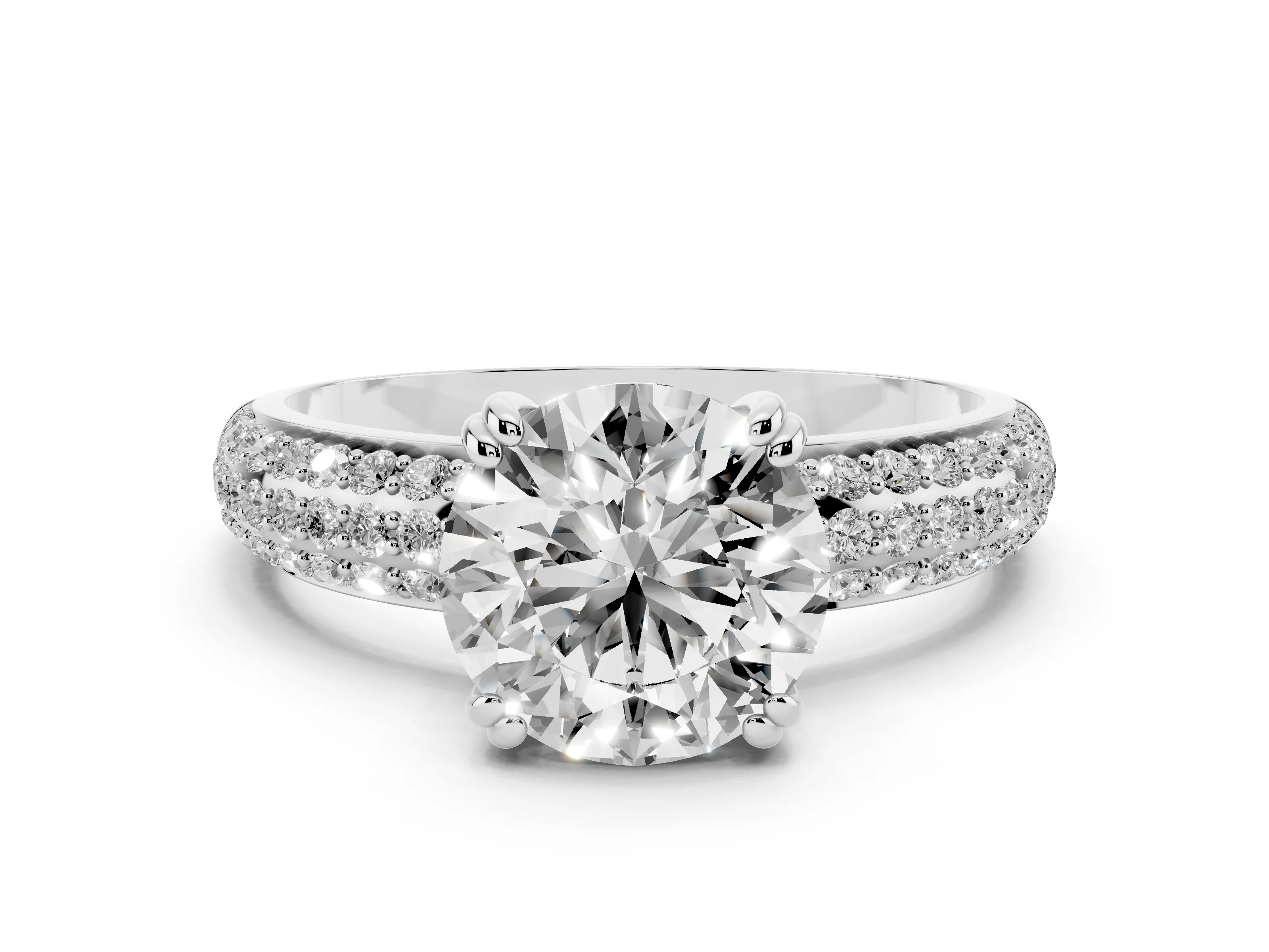 Round Cut Diamond Solitaire Ring Set in Platinum with Multi-Row Round Pavé Band and Prong Setting