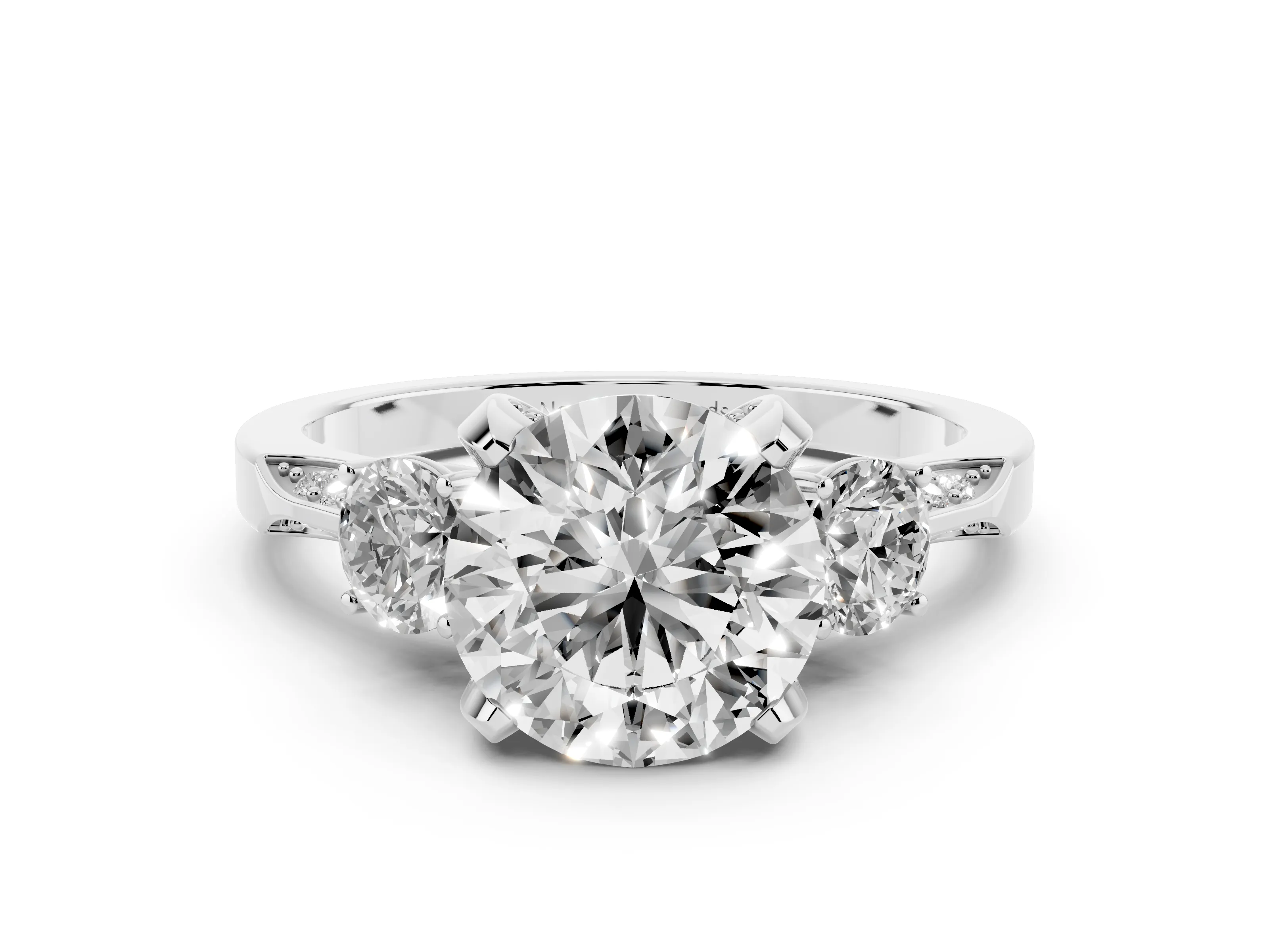 Round Cut Diamond Three-Stone Ring Set in White gold with Pavé Band and Smaller Side Stones