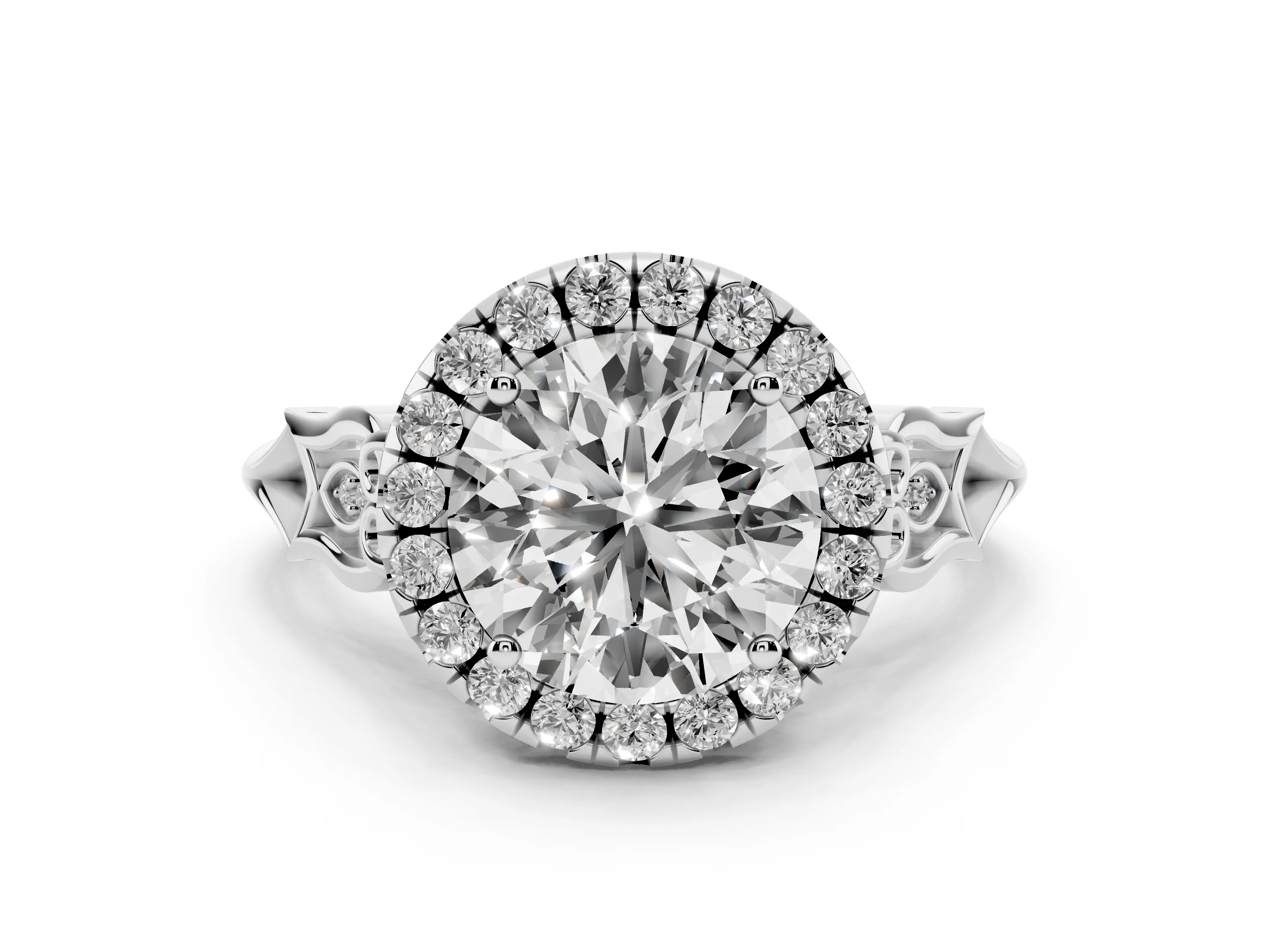 Round Cut Diamond Halo Engagement Ring Set in White gold with Filigree Band and Prong-Set Center