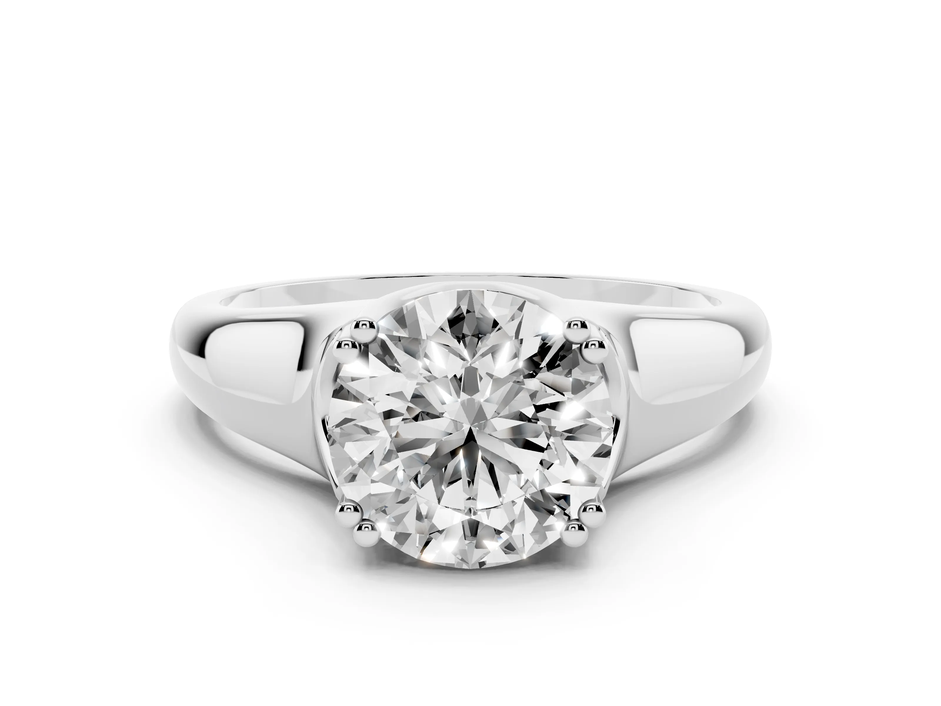 Round Cut Diamond Solitaire Ring Set in Platinum with Wide Band and Prong Setting