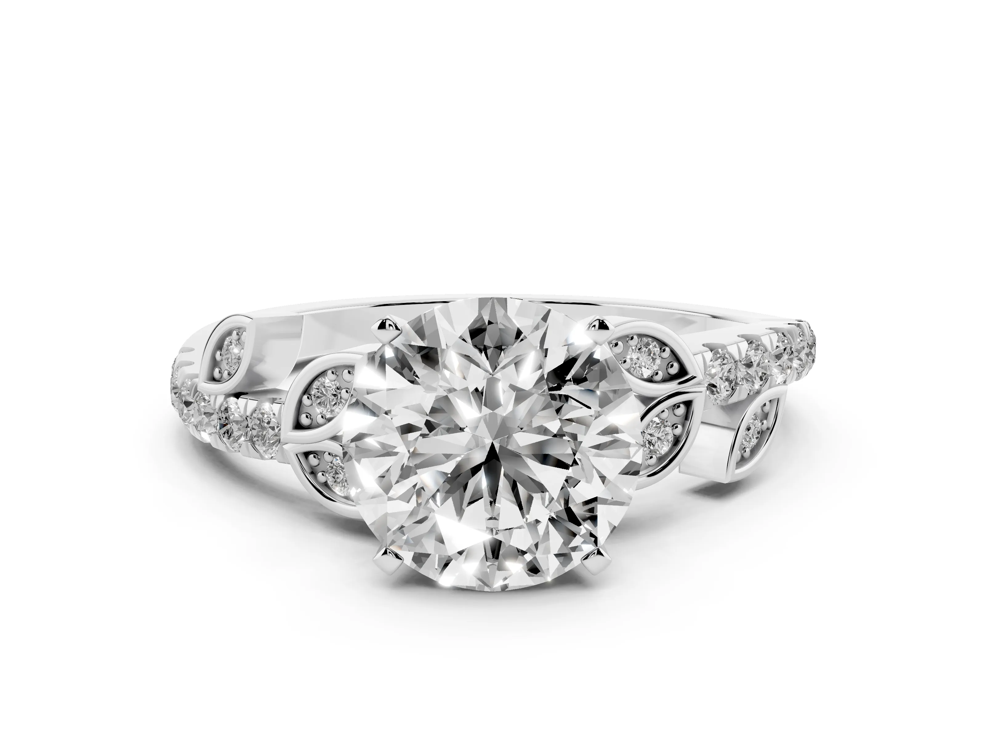 Round Cut Diamond Solitaire Leaf-Inspired Ring Set in White gold with Pavé Band and Prong Setting