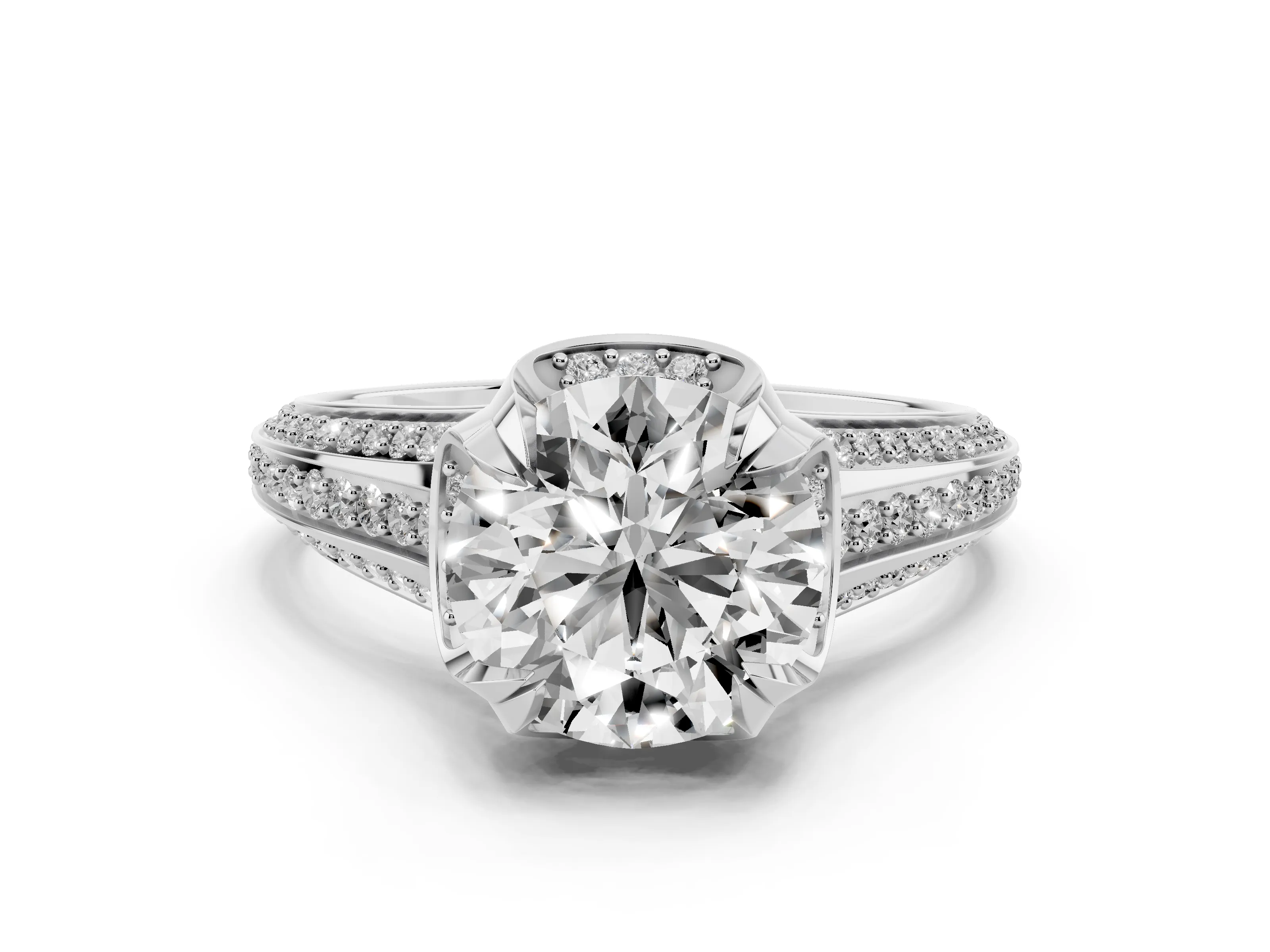 Round Cut Diamond Pavé Split Shank Solitaire Ring Set in White gold with Prong Setting