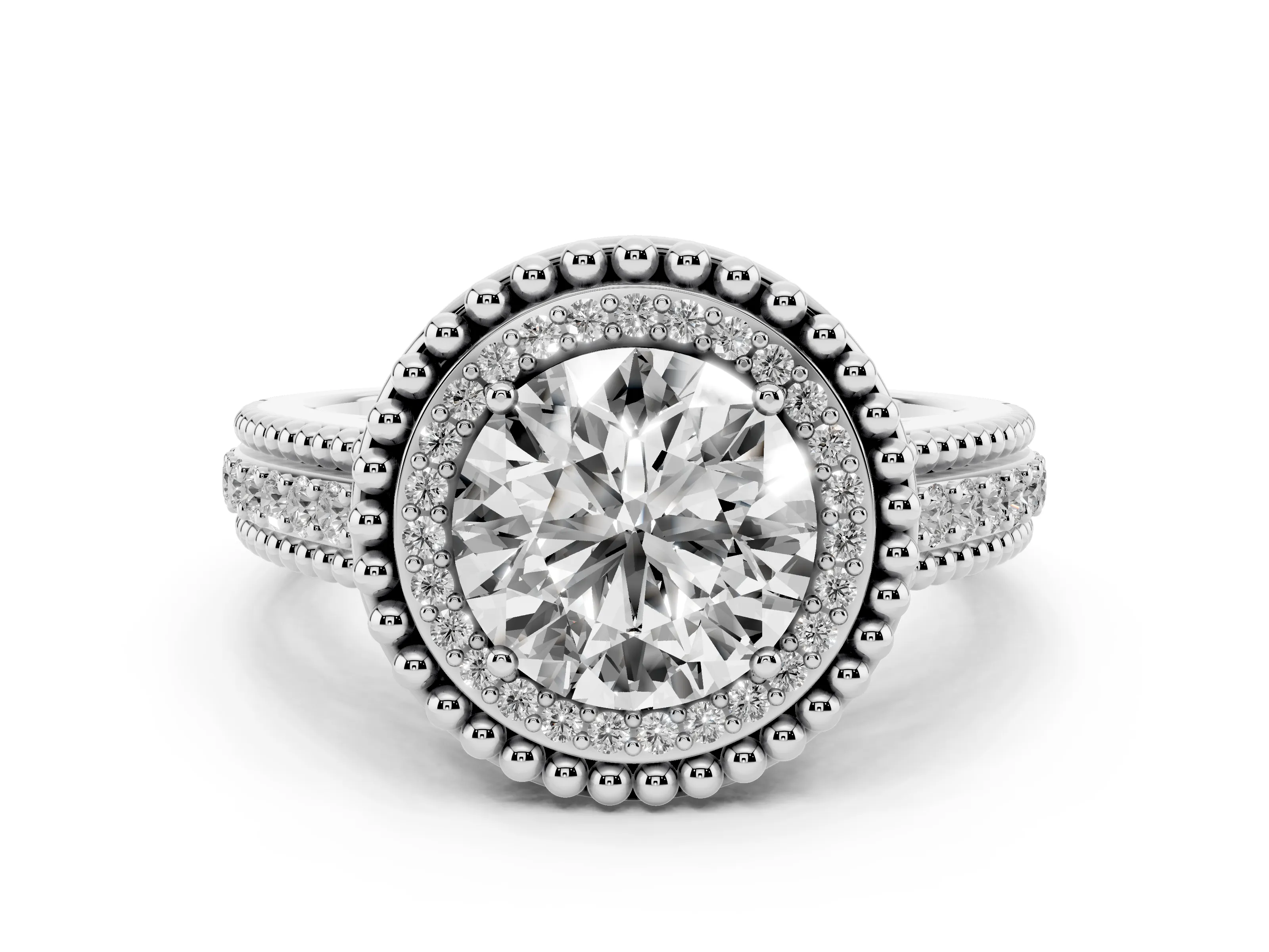 Round Cut Diamond Halo Ring Set in Silver with Beaded Split Shank and Prong Setting