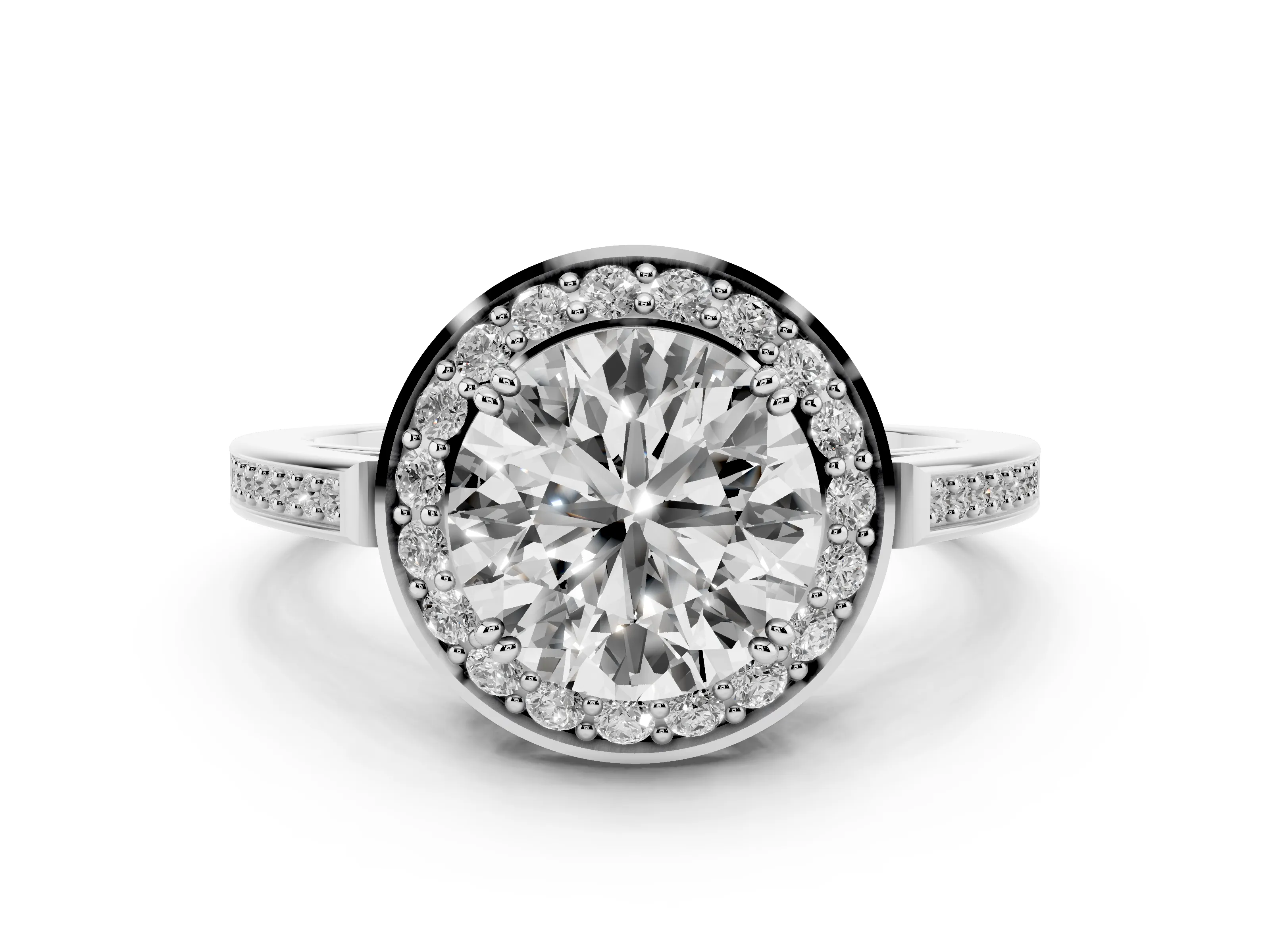 Round Cut Diamond Halo Ring Set in White gold with Accent-Lined Split Shank and Prong Setting