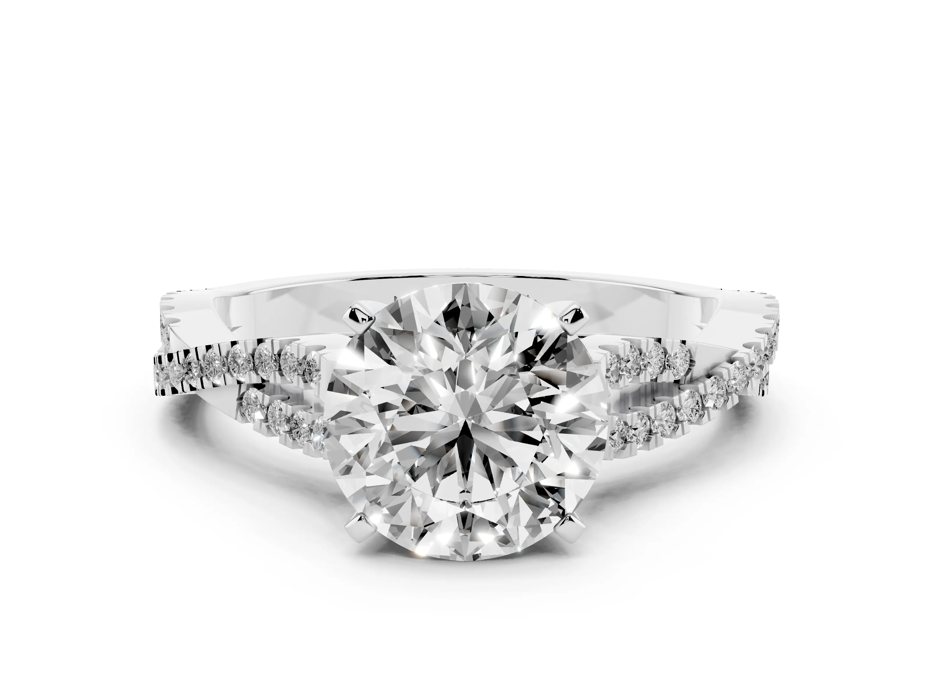 Round Cut Diamond Solitaire Engagement Ring Set in Platinum with Twisted Pavé Band and Prong Setting