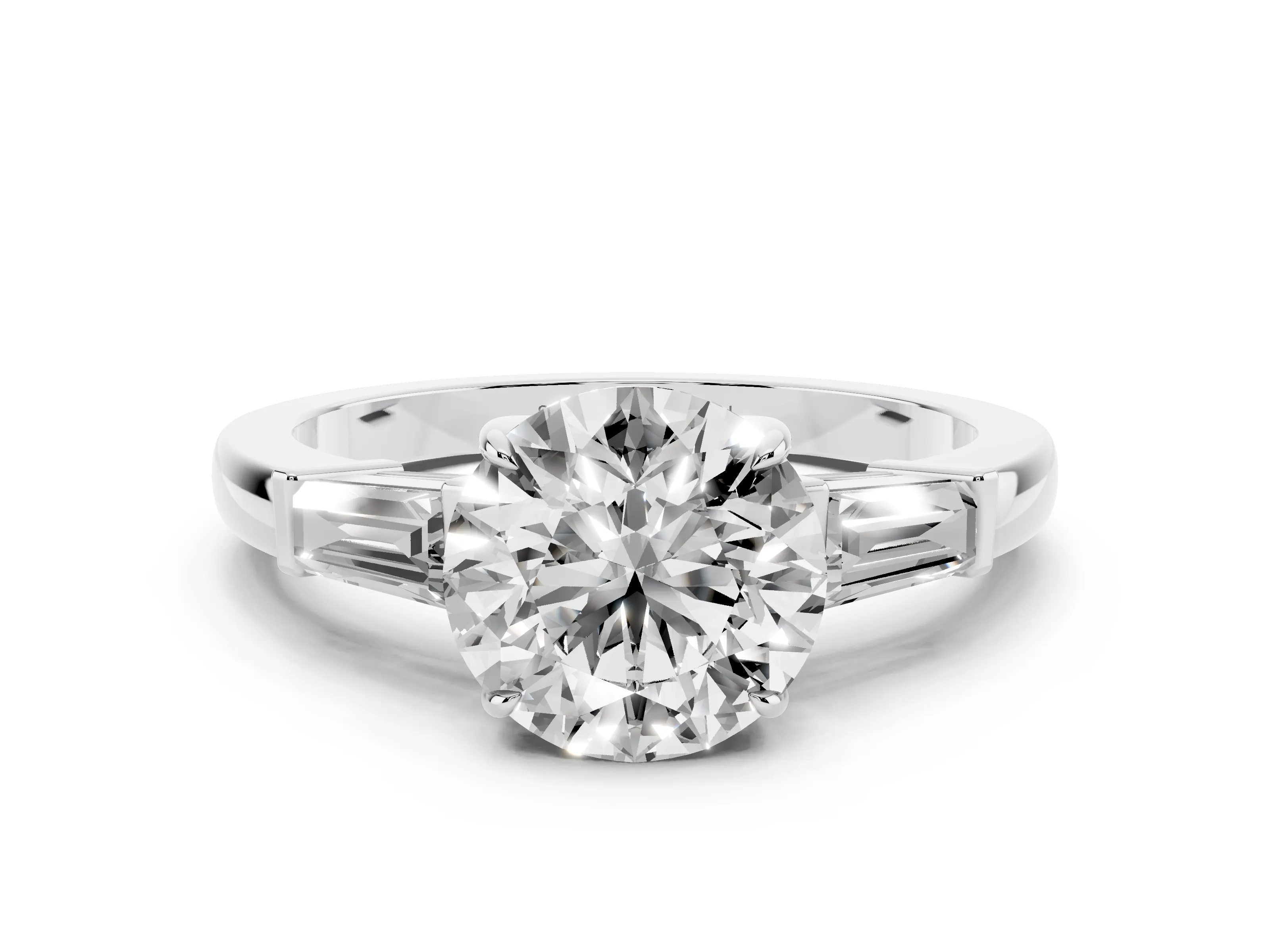 Round Cut Diamond Three-Stone Ring Set in Platinum with Tapered Baguette Side Stones and Prong Setting