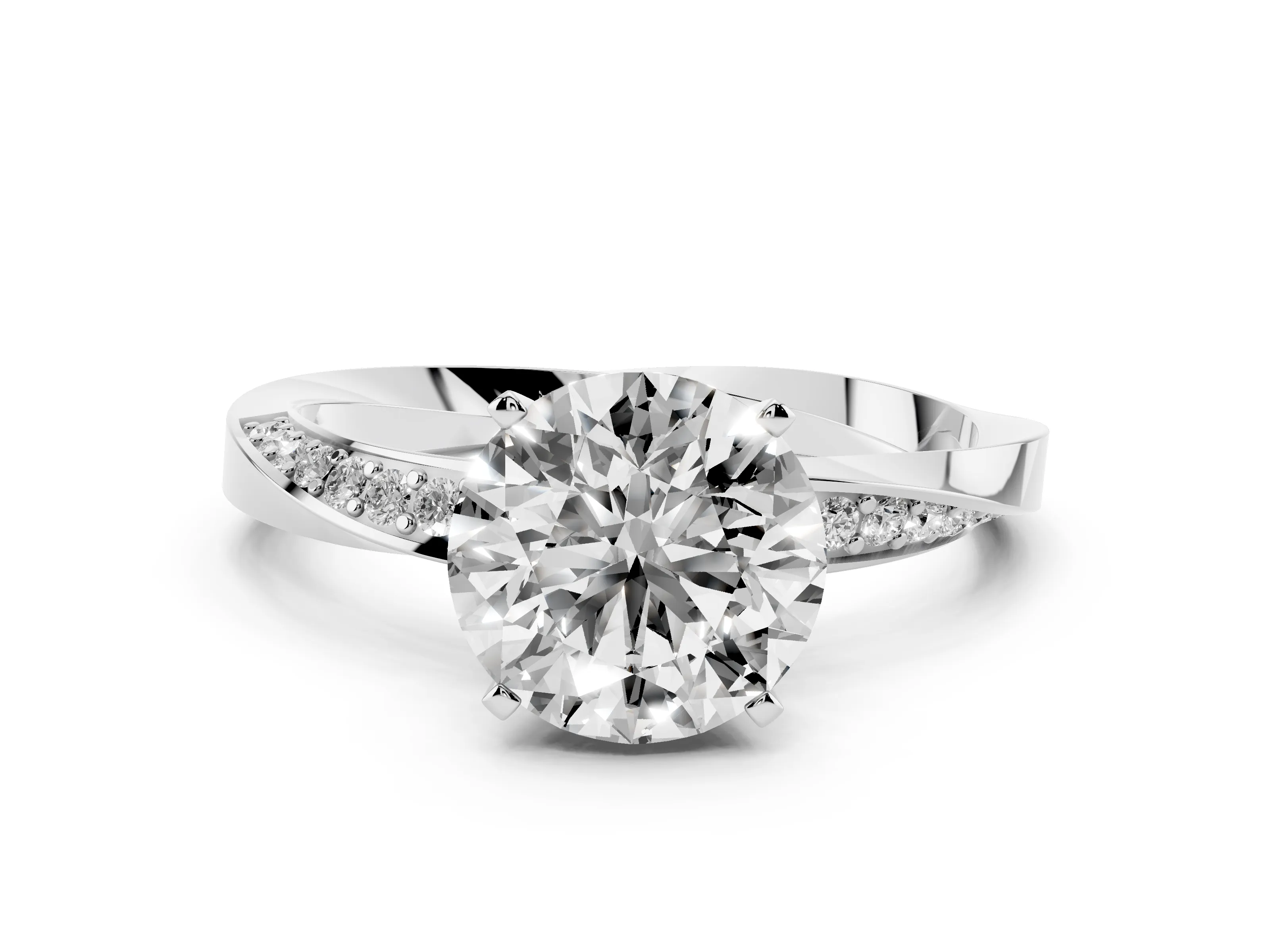 Round Cut Diamond Engagement Ring Set in Platinum with Side Stone Accents and Prong Setting