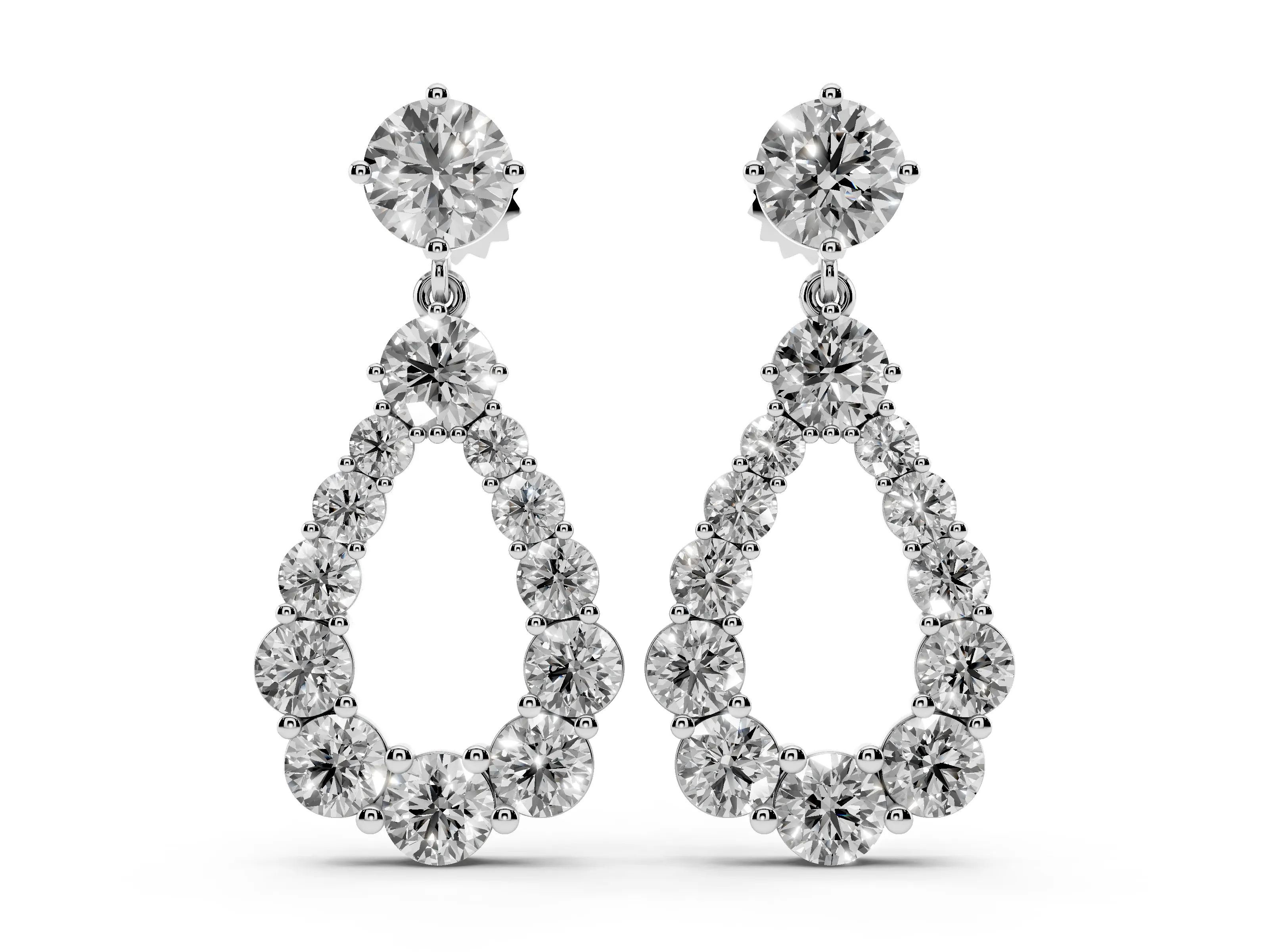 Round Lab-Grown Diamond Graduated Open Teardrop Drop Earrings | Shared Prongs | White Gold