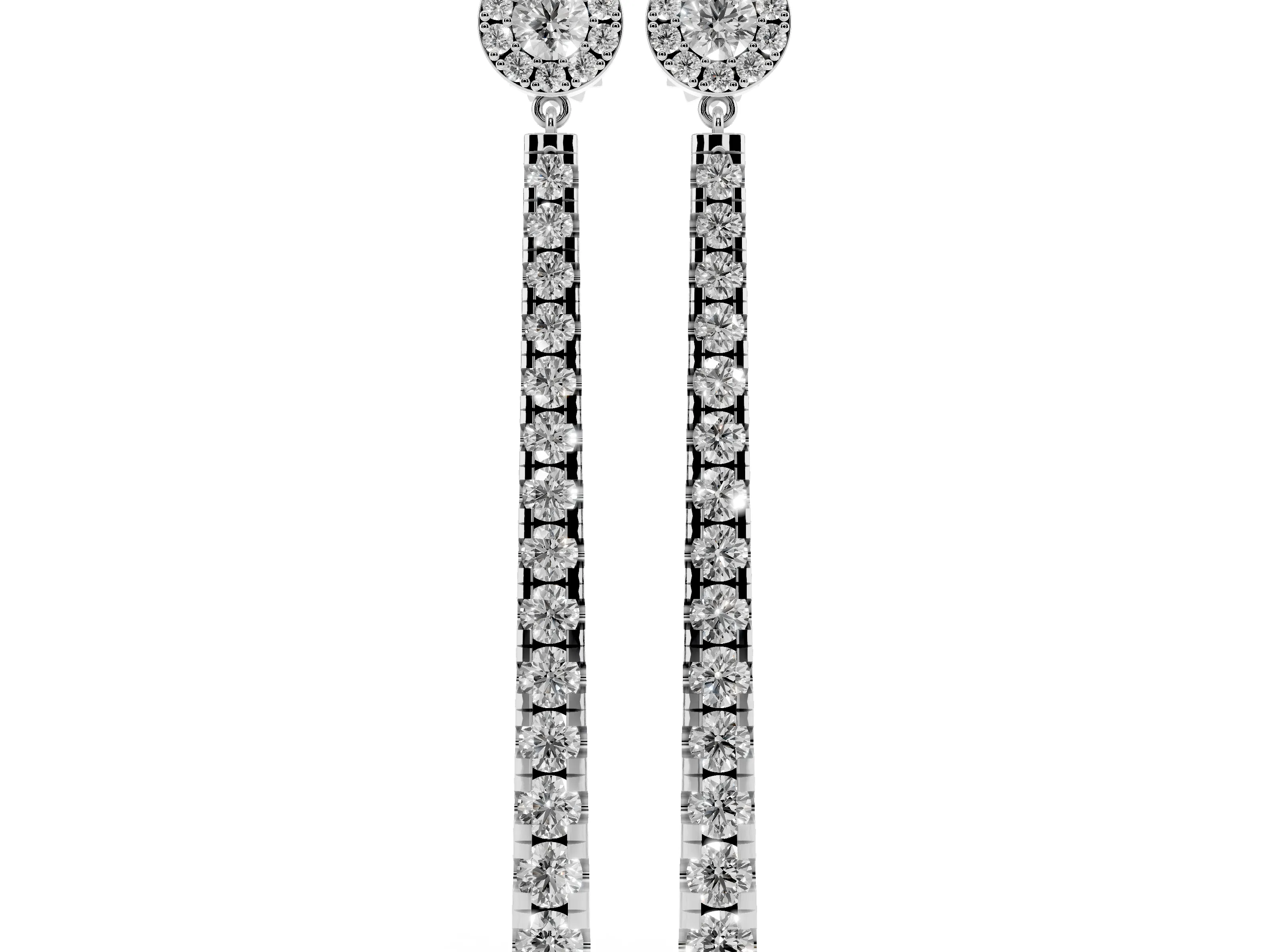 Round Lab-Grown Diamond Graduated Linear Drop Earrings | Halo Stud Top | White Gold